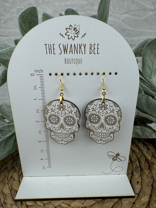 Wood Sugar Skull Dangle Earrings, Day of the Dead, Halloween