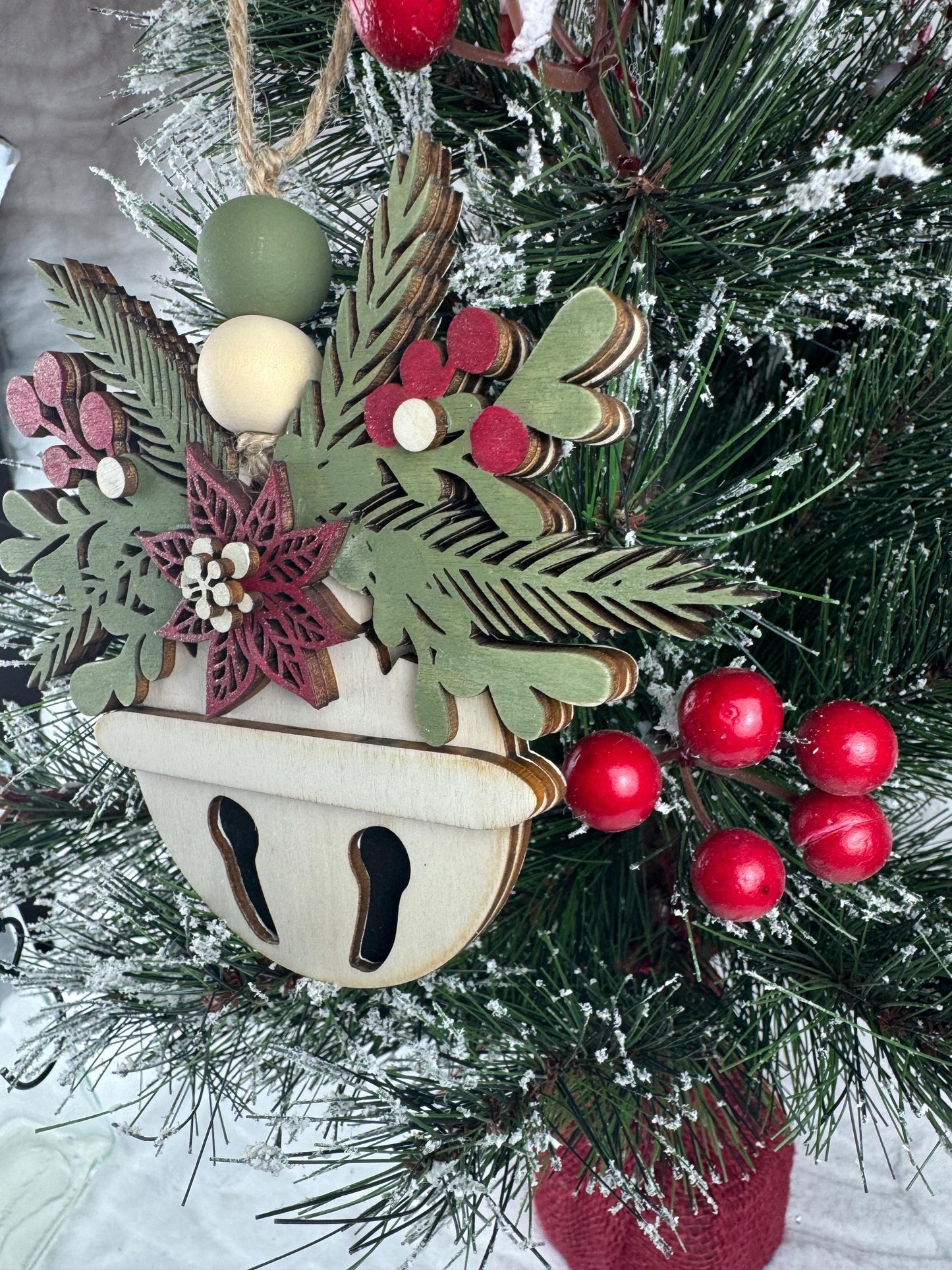 Handcrafted Wooden Bell Ornament, Snowflake and Floral Design, Rustic Holiday Decor, Christmas Bell