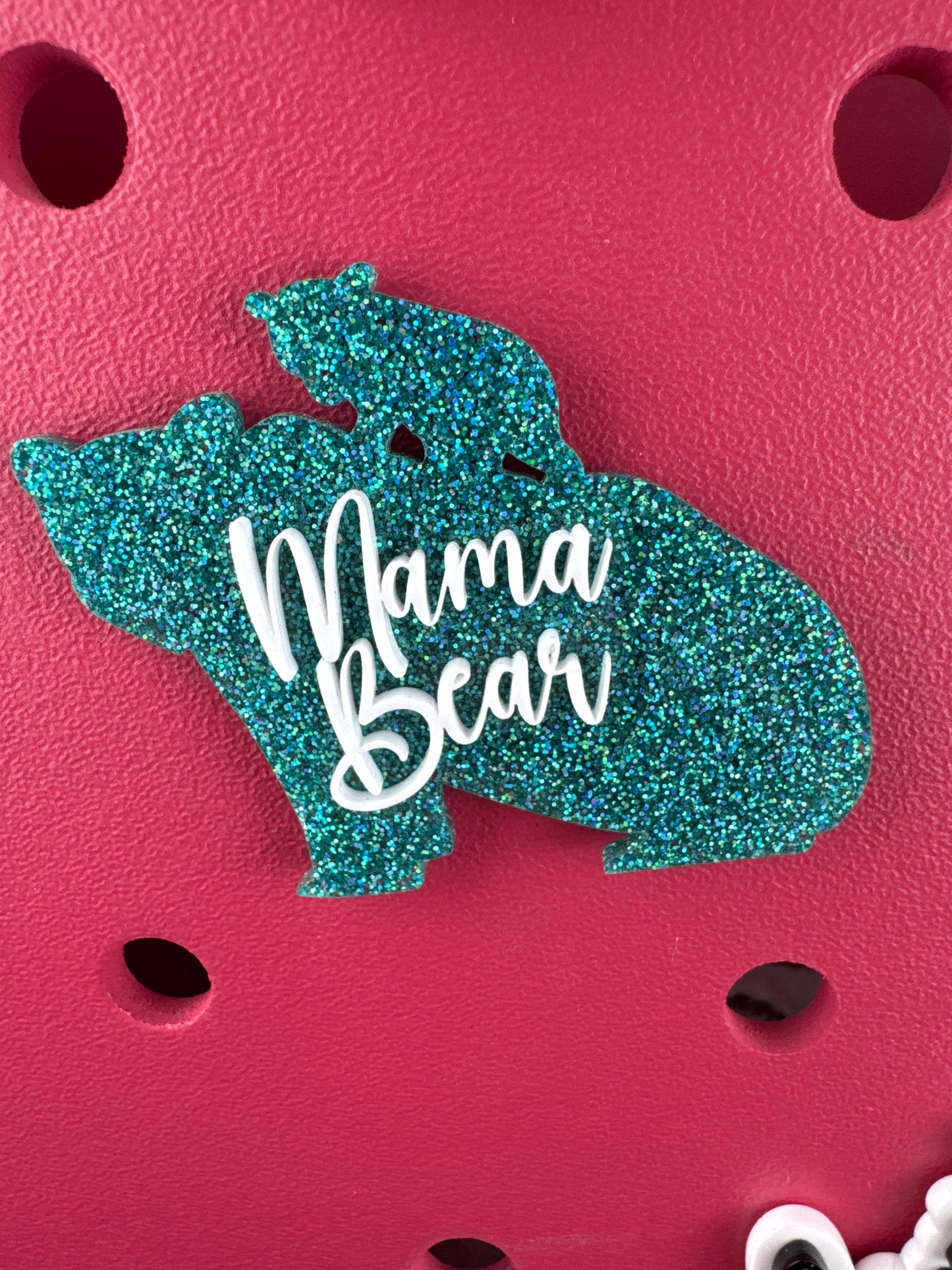 Turquoise Glitter Mama Bear Bogg Bag Charm – Playful Mom Bag Accessory