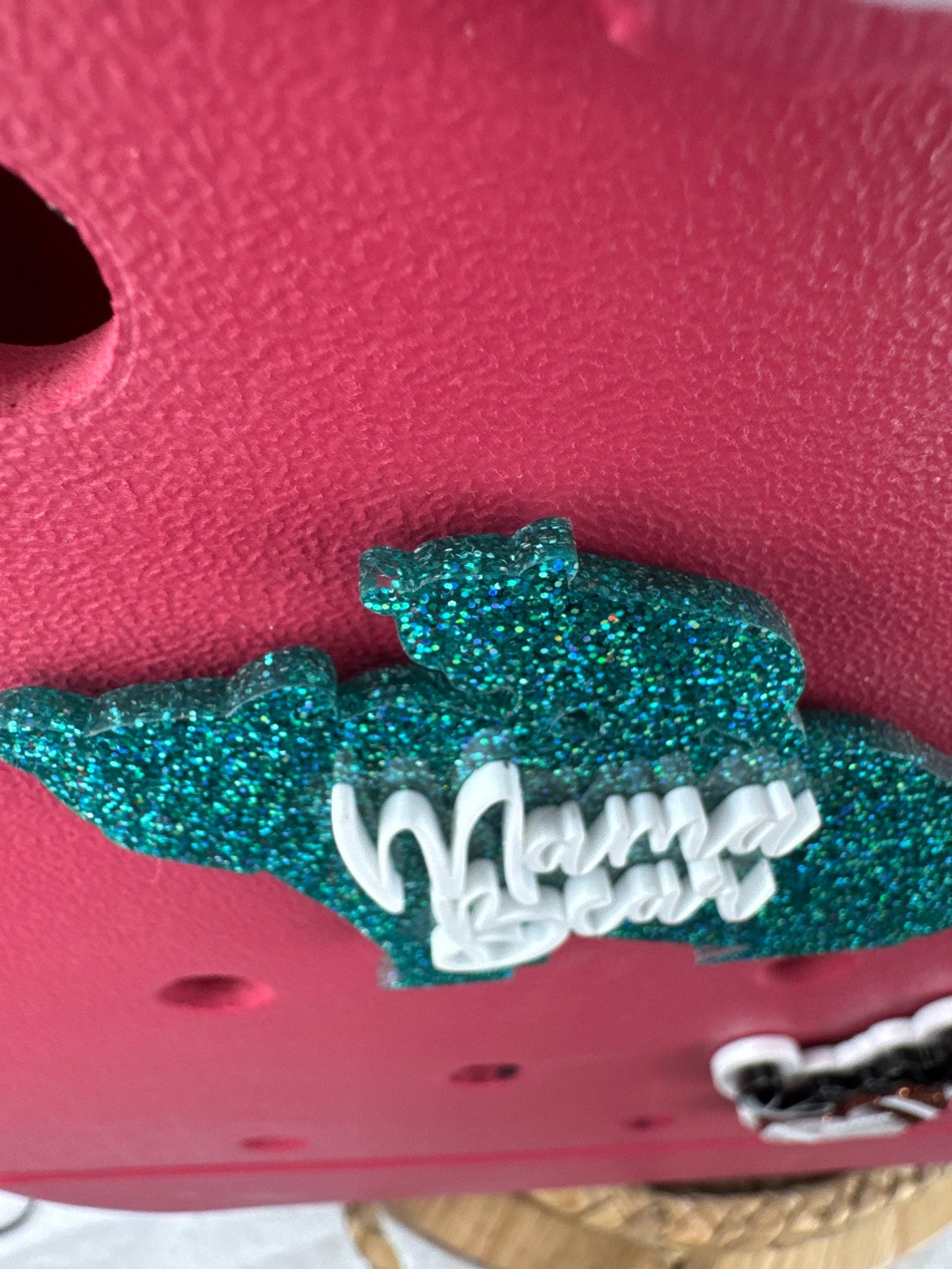 Turquoise Glitter Mama Bear Bogg Bag Charm – Playful Mom Bag Accessory
