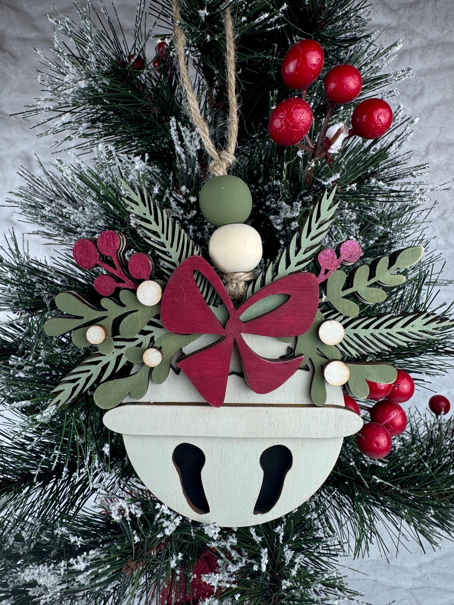 Handcrafted Wooden Bell Ornament, Snowflake and Floral Design, Rustic Holiday Decor, Christmas Bell