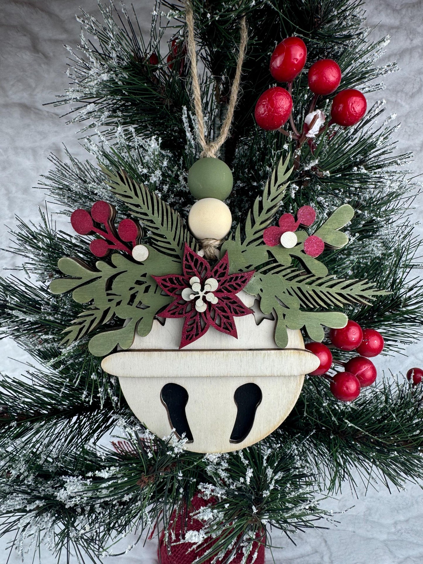 Handcrafted Wooden Bell Ornament, Snowflake and Floral Design, Rustic Holiday Decor, Christmas Bell