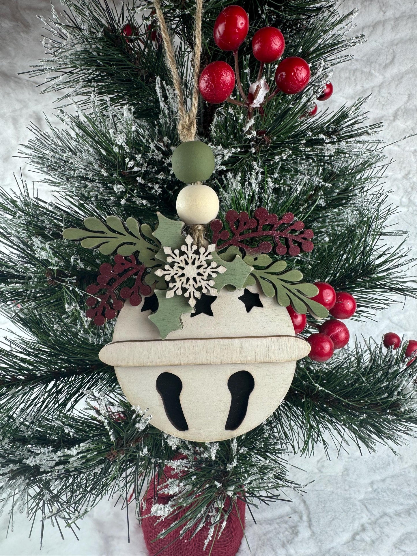 Handcrafted Wooden Bell Ornament, Snowflake and Floral Design, Rustic Holiday Decor, Christmas Bell