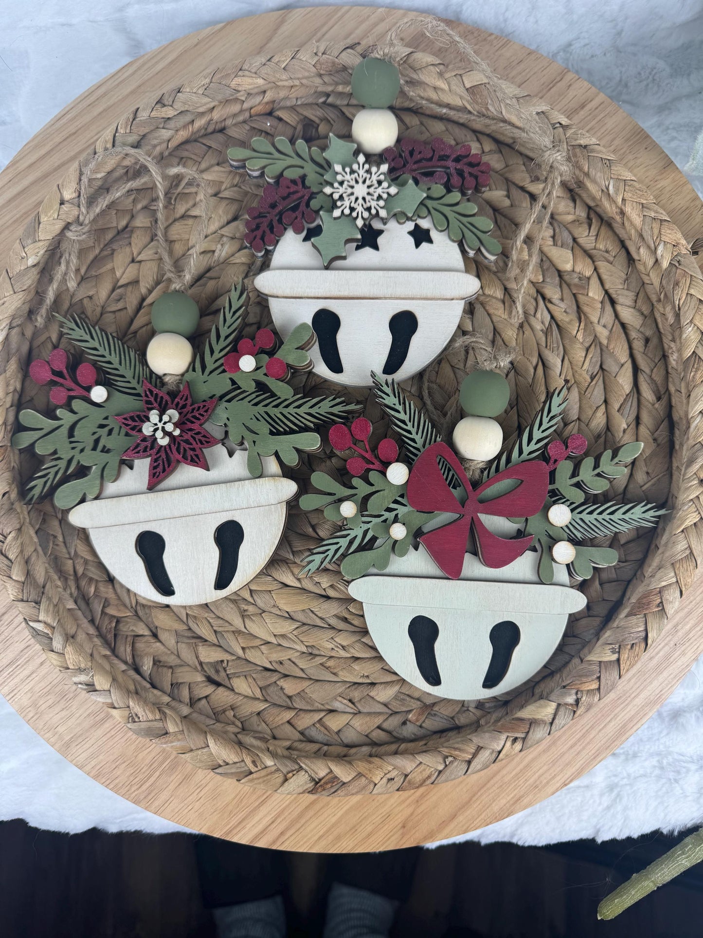 Handcrafted Wooden Bell Ornament, Snowflake and Floral Design, Rustic Holiday Decor, Christmas Bell