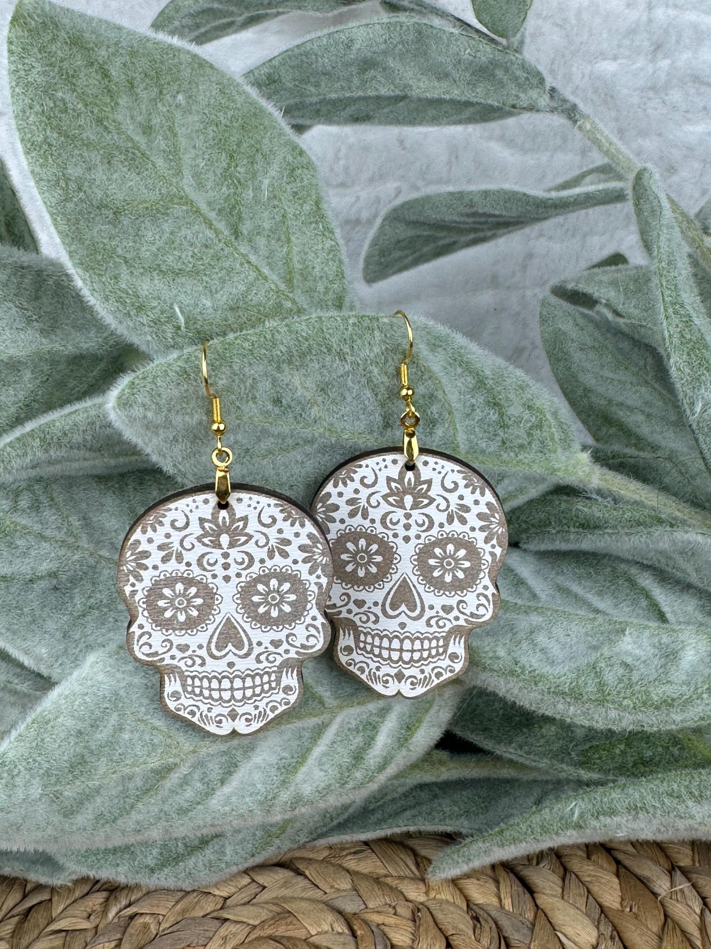 Wood Sugar Skull Dangle Earrings, Day of the Dead, Halloween