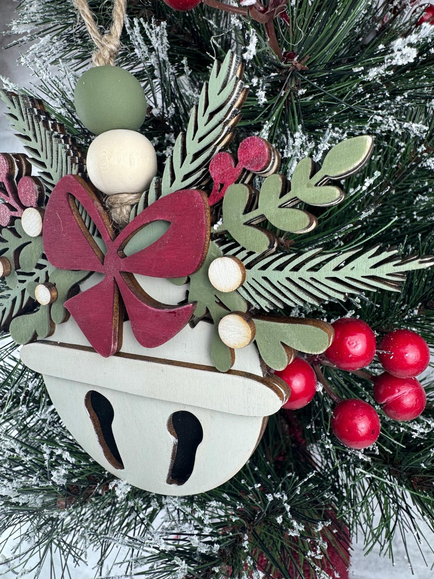 Handcrafted Wooden Bell Ornament, Snowflake and Floral Design, Rustic Holiday Decor, Christmas Bell