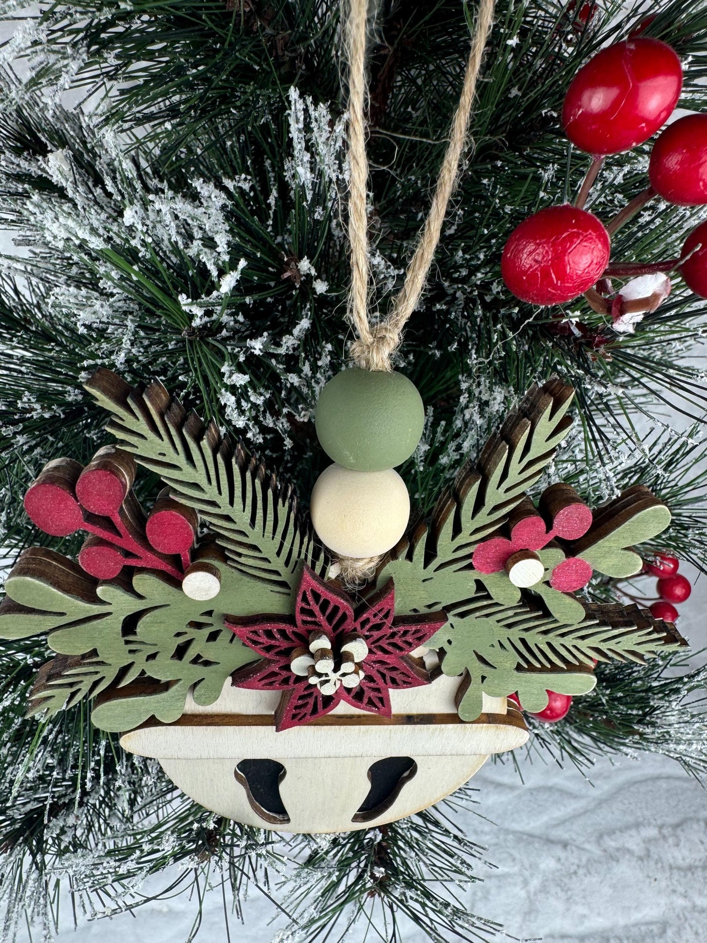 Handcrafted Wooden Bell Ornament, Snowflake and Floral Design, Rustic Holiday Decor, Christmas Bell