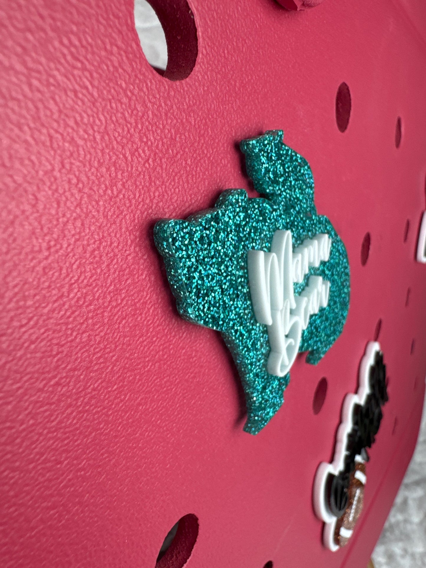 Turquoise Glitter Mama Bear Bogg Bag Charm – Playful Mom Bag Accessory