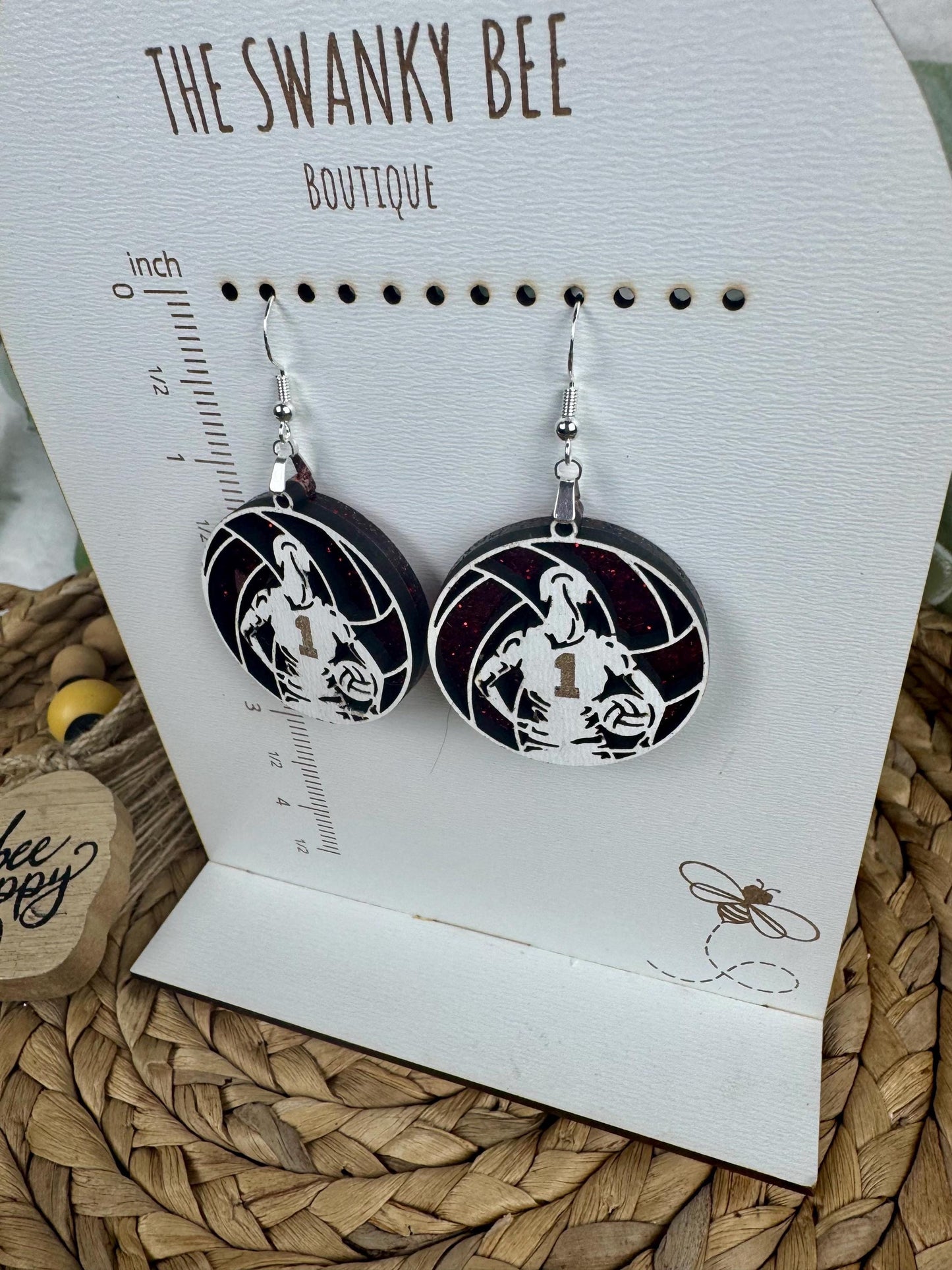 Custom Volleyball Earrings with Player Number & Glitter Background – Personalized Sports Jewelry Gift