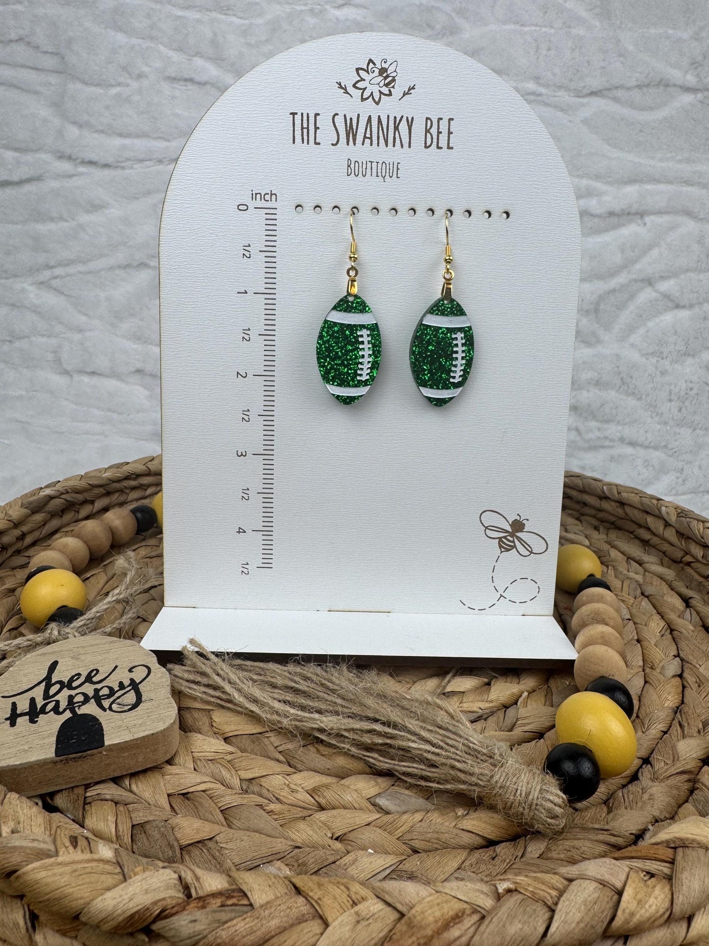 Green Glitter Football Earrings: Sports Fan Jewelry