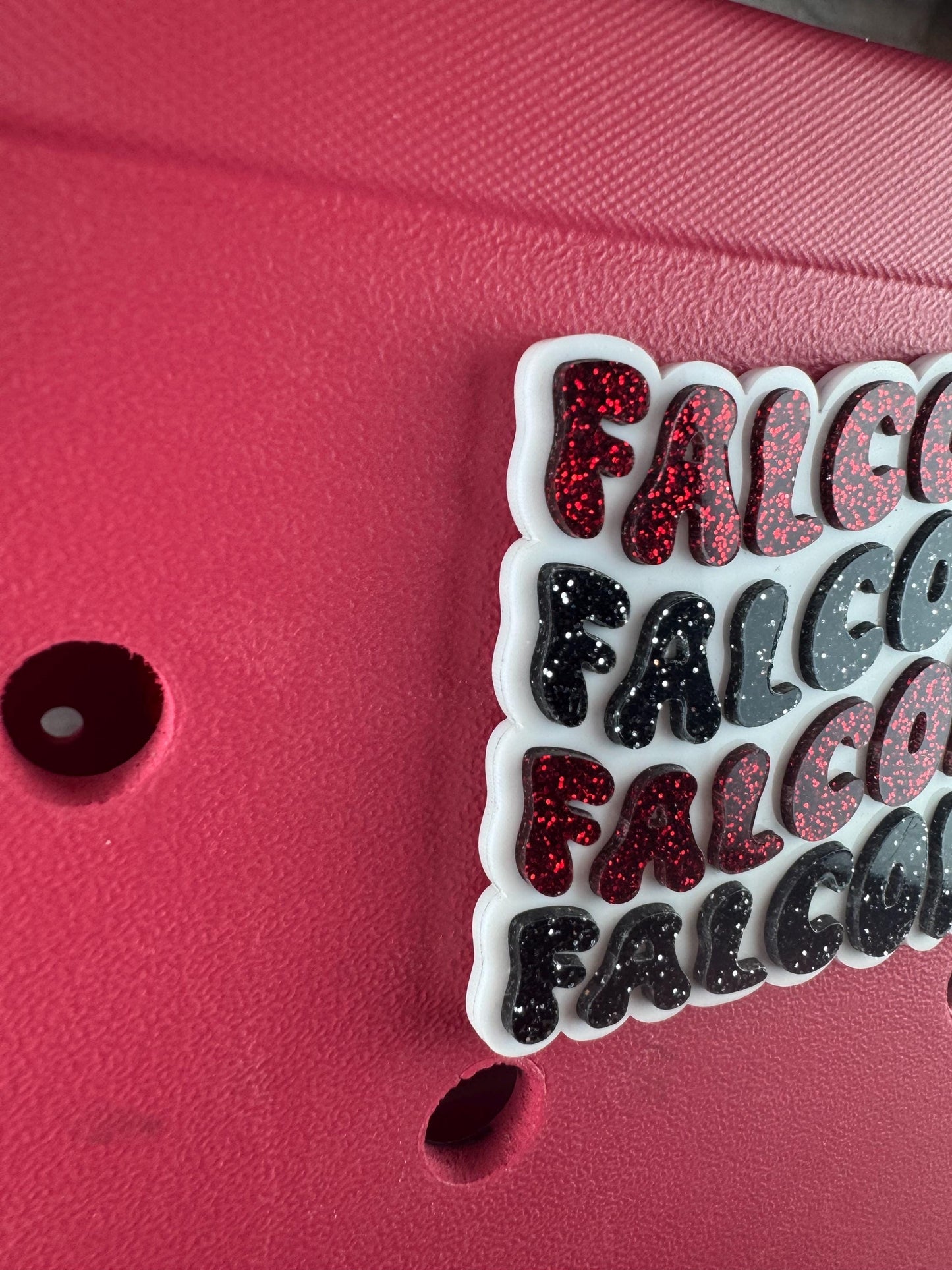 Falcons Glitter Bogg Bag Charm: Red and Black Football Decoration