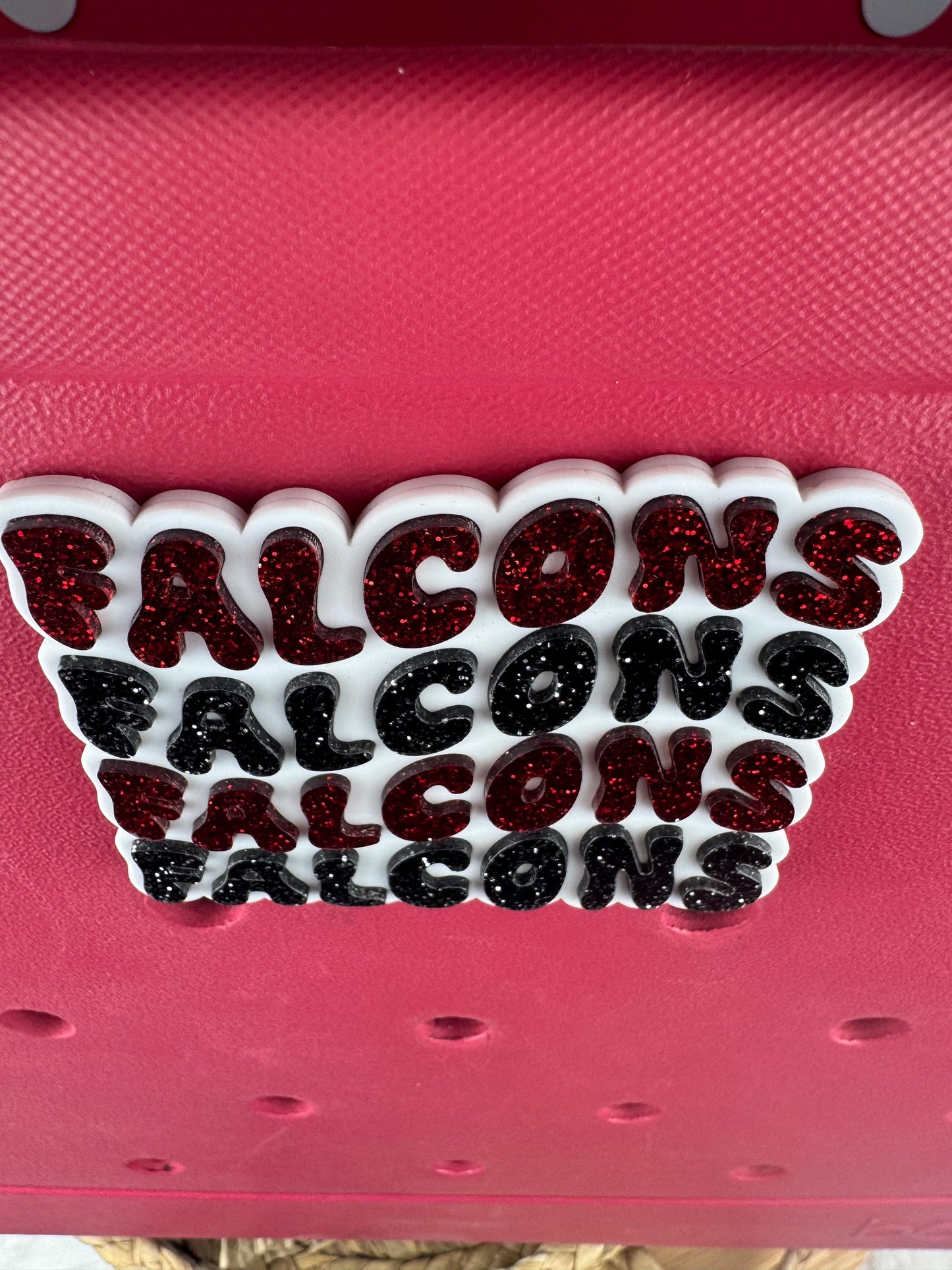 Falcons Glitter Bogg Bag Charm: Red and Black Football Decoration