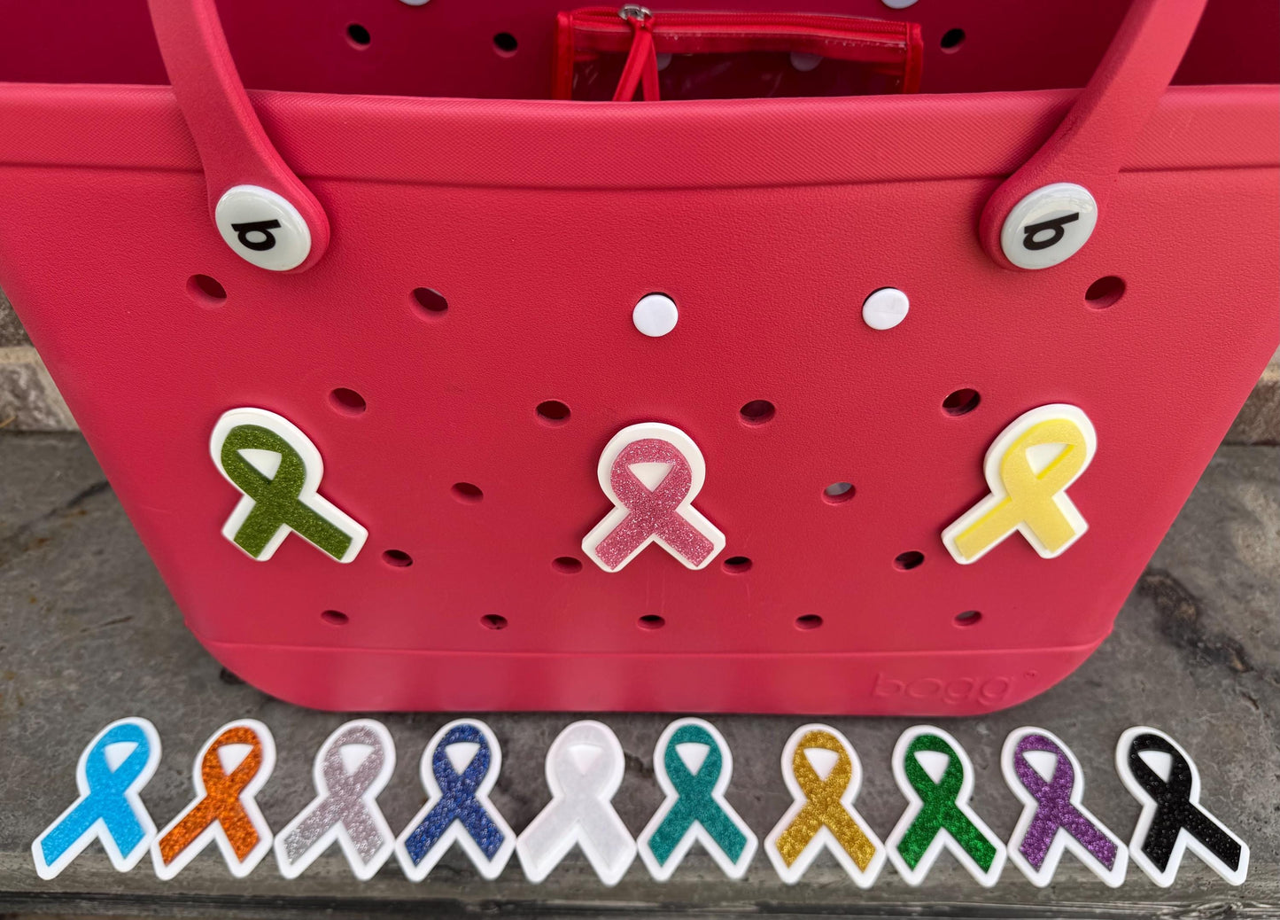 Glitter Awareness Ribbon Bogg Bag Charm: Handmade Cancer Support Accessory