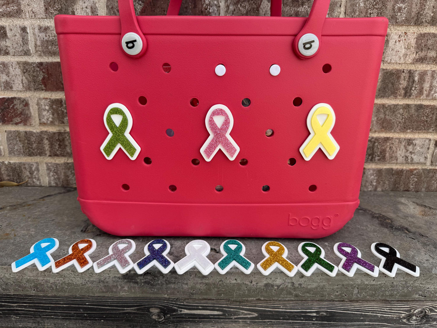 Glitter Awareness Ribbon Bogg Bag Charm: Handmade Cancer Support Accessory