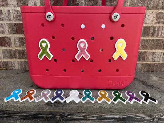 Glitter Awareness Ribbon Bogg Bag Charm: Handmade Cancer Support Accessory
