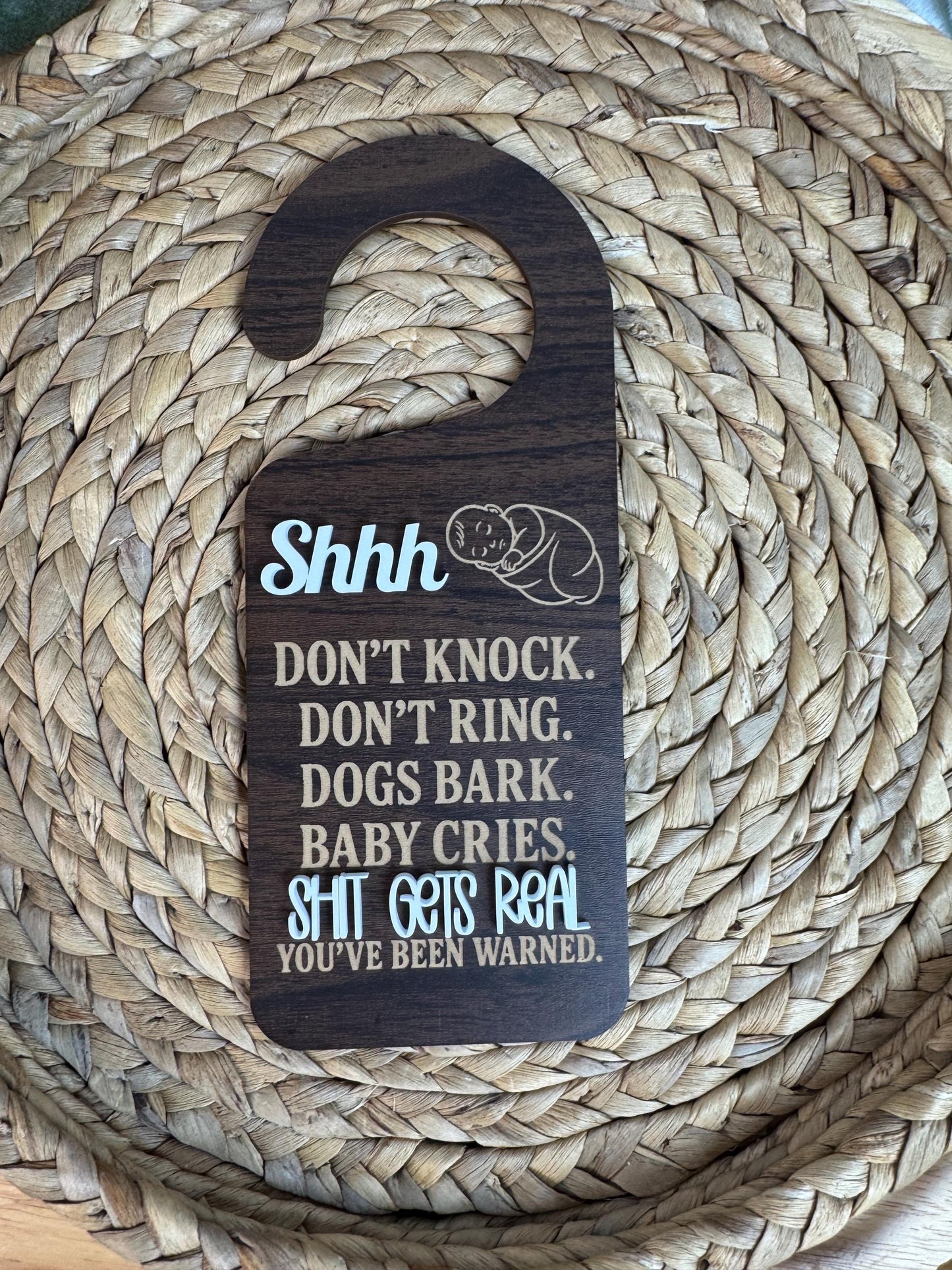 S Gets Real Engraved Wood Baby Sleeping Door Sign: Funny Nursery Decor