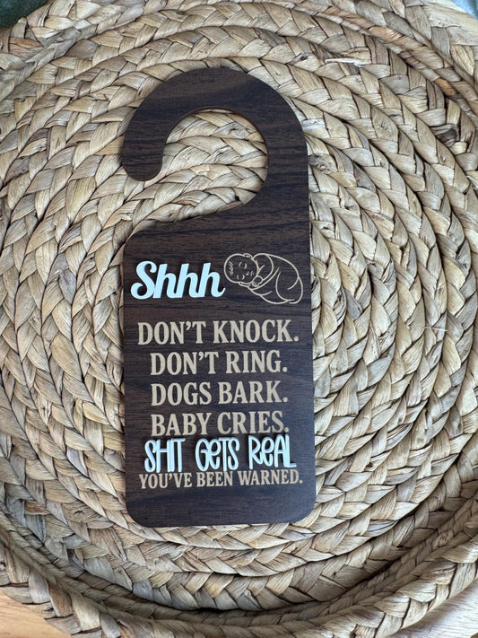S Gets Real Engraved Wood Baby Sleeping Door Sign: Funny Nursery Decor