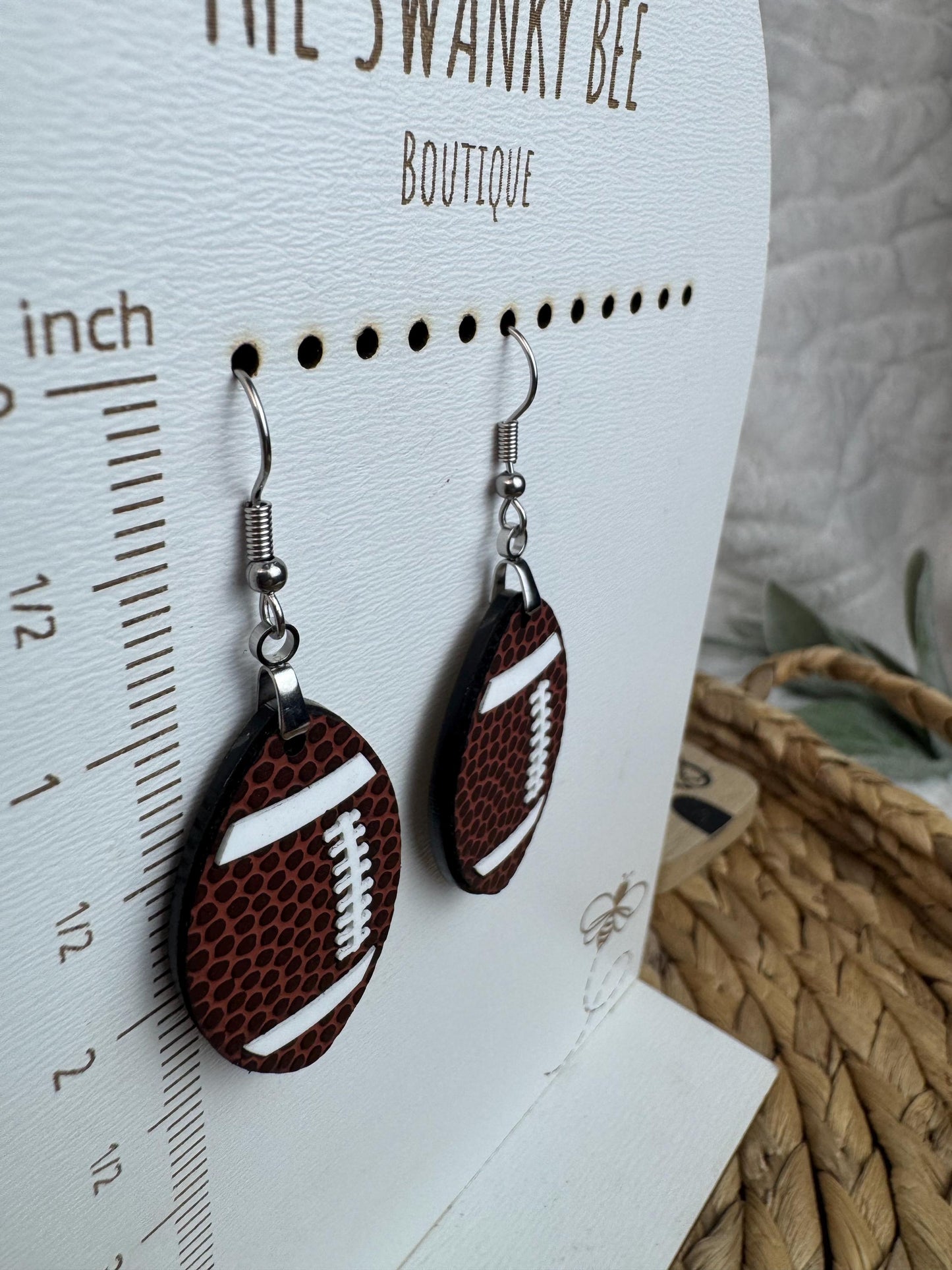 Football Leather & White Acrylic Dangle Earrings | Game Day Jewelry with Gold or Silver Hardware