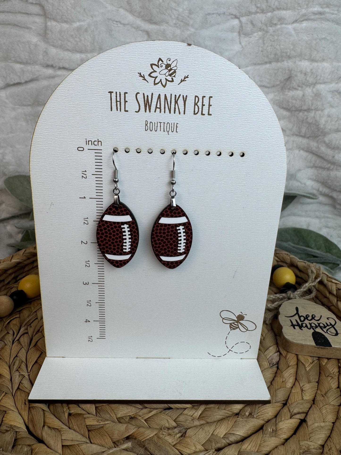 Football Leather & White Acrylic Dangle Earrings | Game Day Jewelry with Gold or Silver Hardware