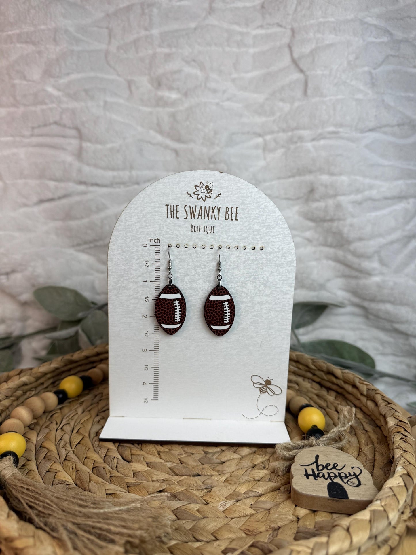 Football Leather & White Acrylic Dangle Earrings | Game Day Jewelry with Gold or Silver Hardware
