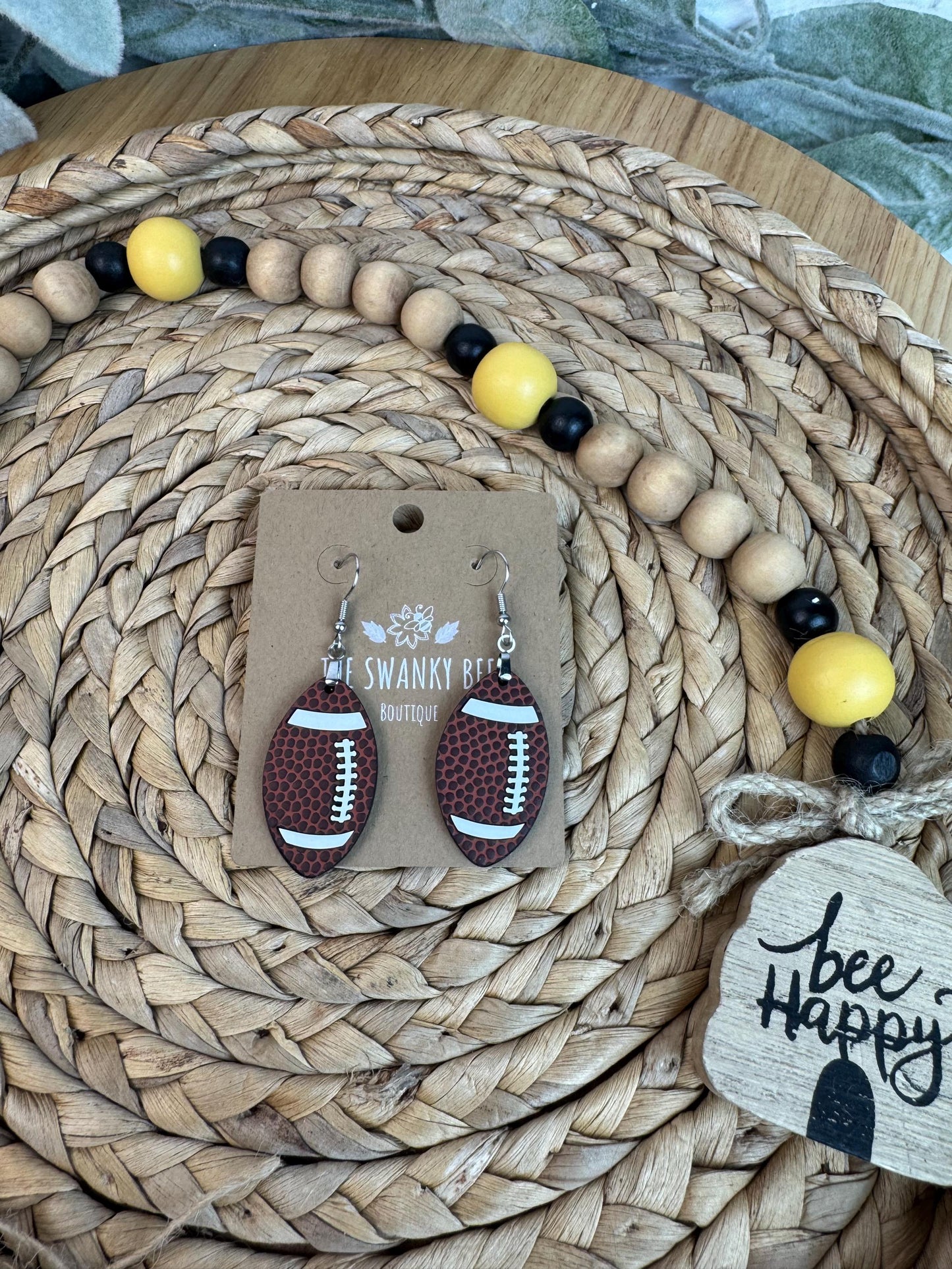 Football Leather & White Acrylic Dangle Earrings | Game Day Jewelry with Gold or Silver Hardware