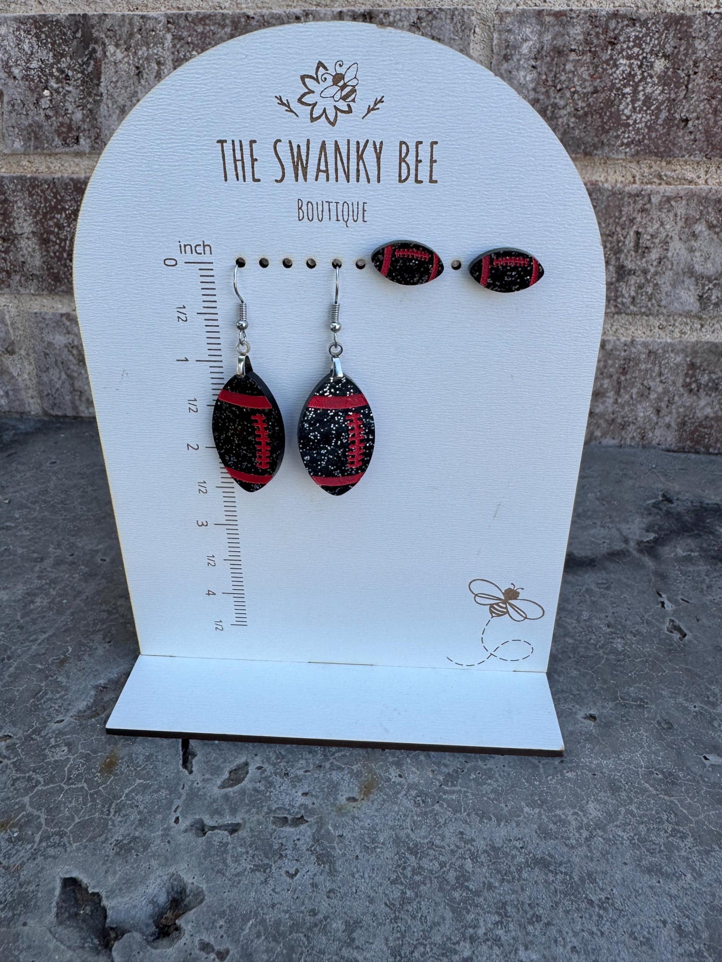 Black Glitter Football Earrings with Red Stripes and Laces