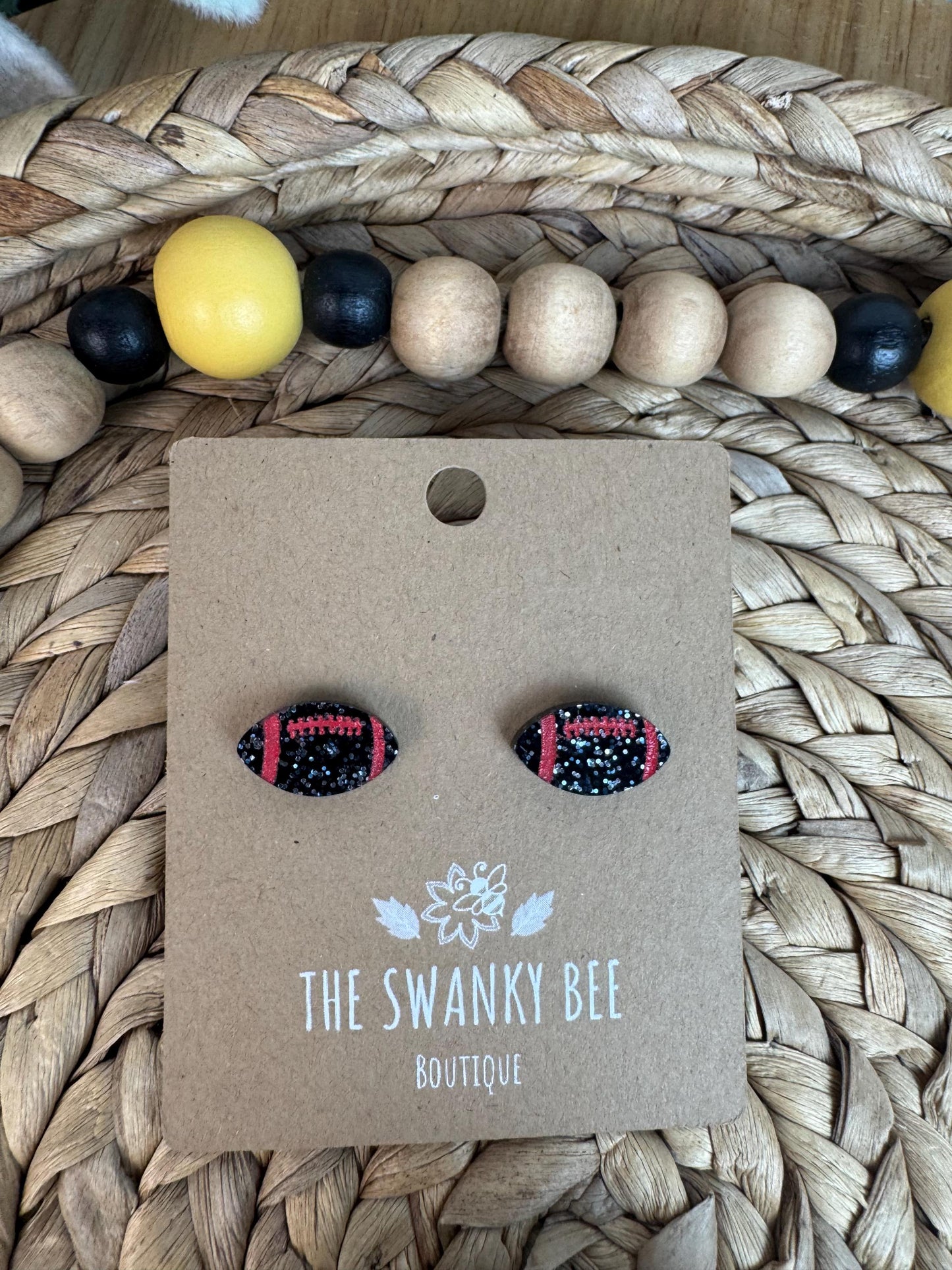Black Glitter Football Earrings with Red Stripes and Laces