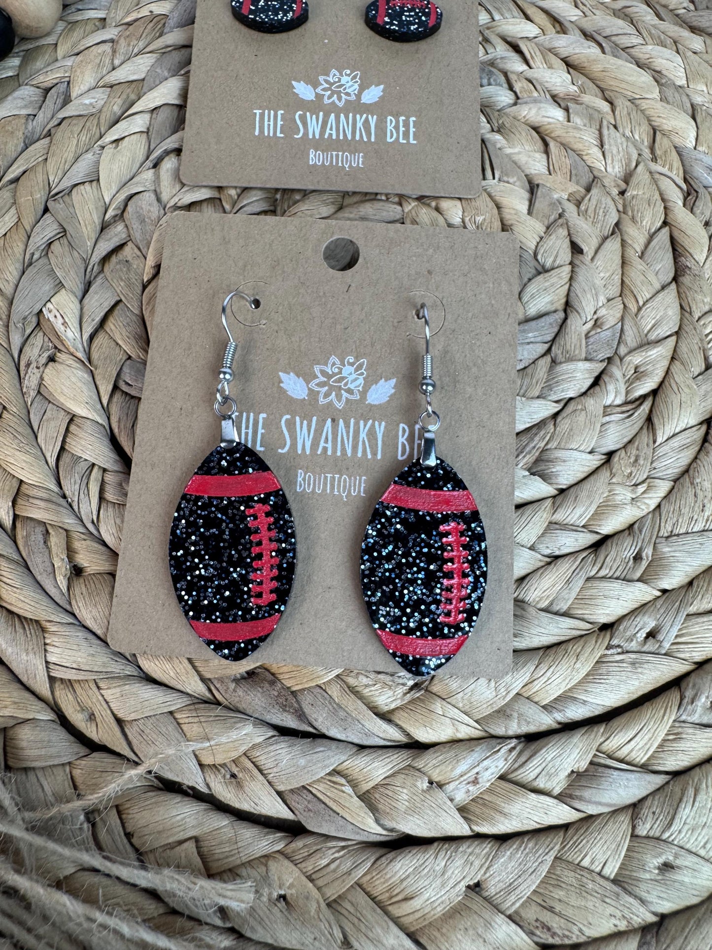 Black Glitter Football Earrings with Red Stripes and Laces