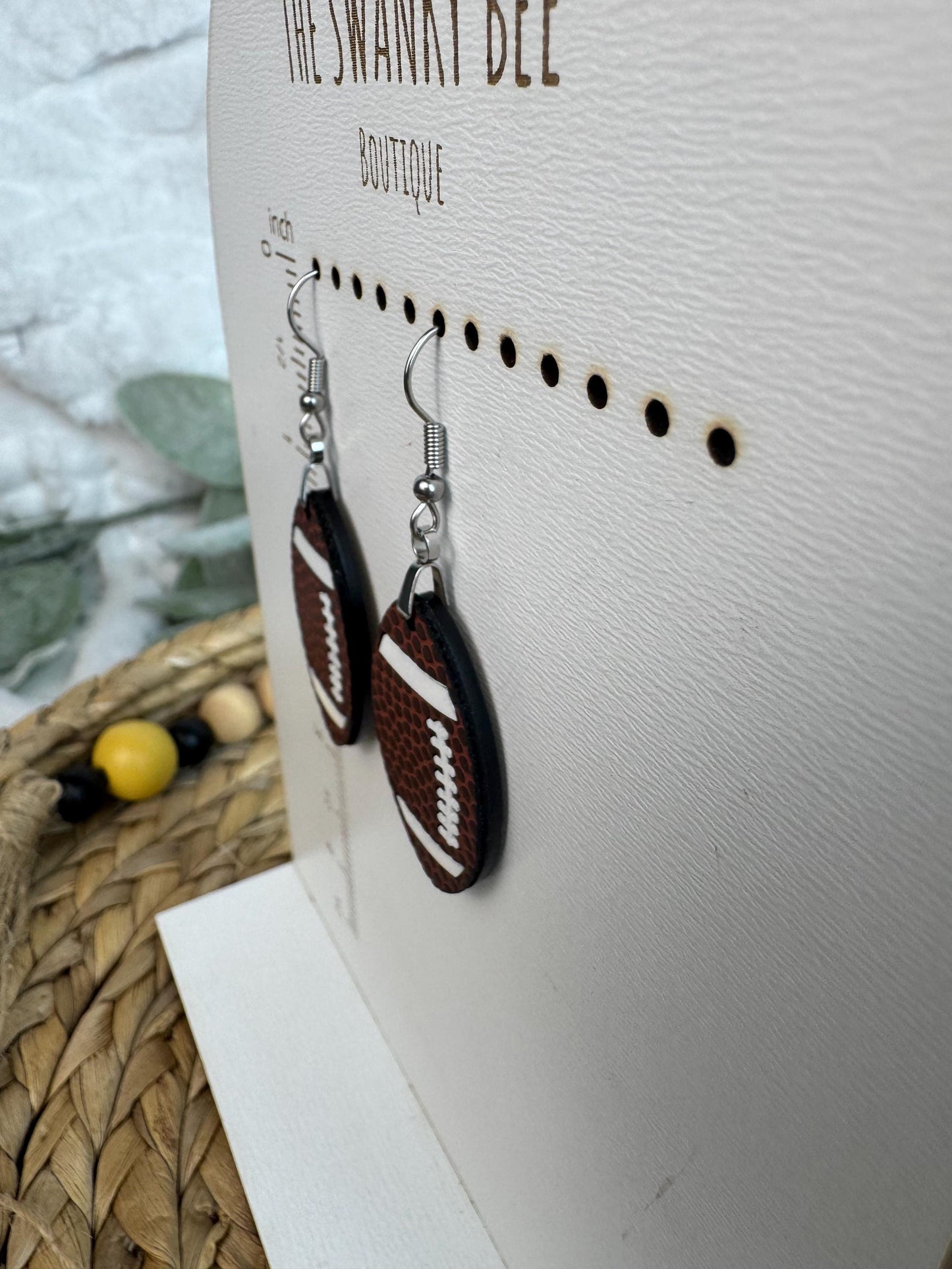 Football Leather & White Acrylic Dangle Earrings | Game Day Jewelry with Gold or Silver Hardware
