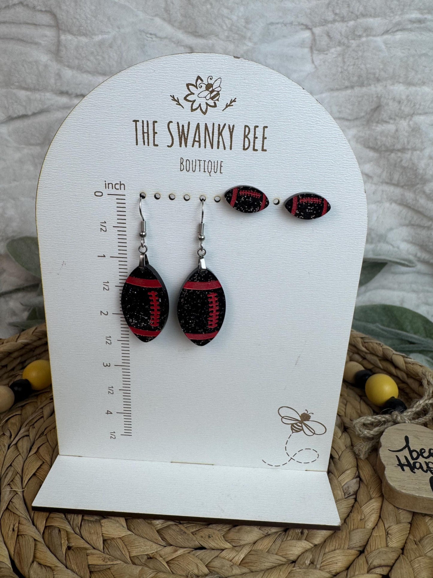 Black Glitter Football Earrings with Red Stripes and Laces