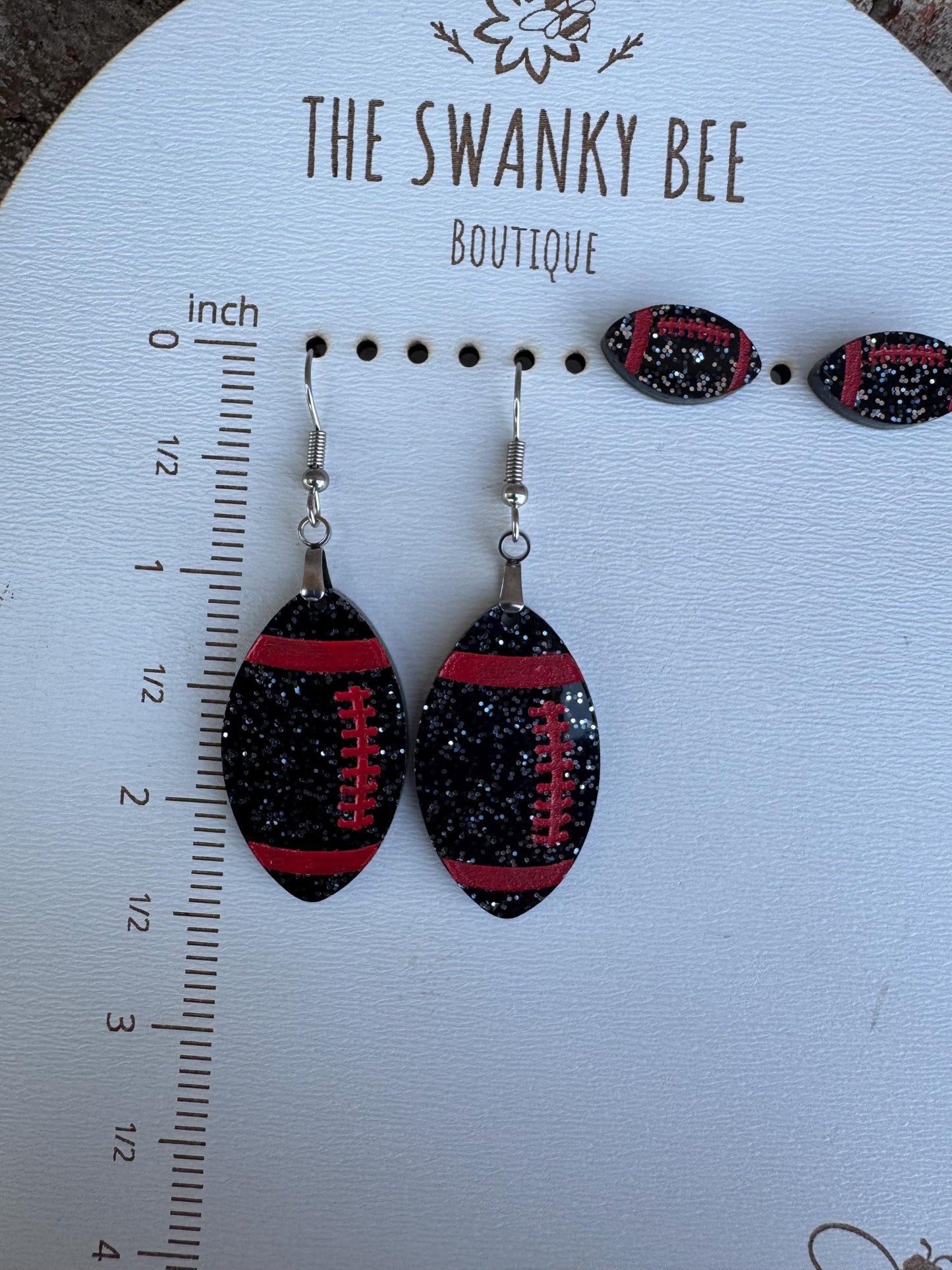 Black Glitter Football Earrings with Red Stripes and Laces