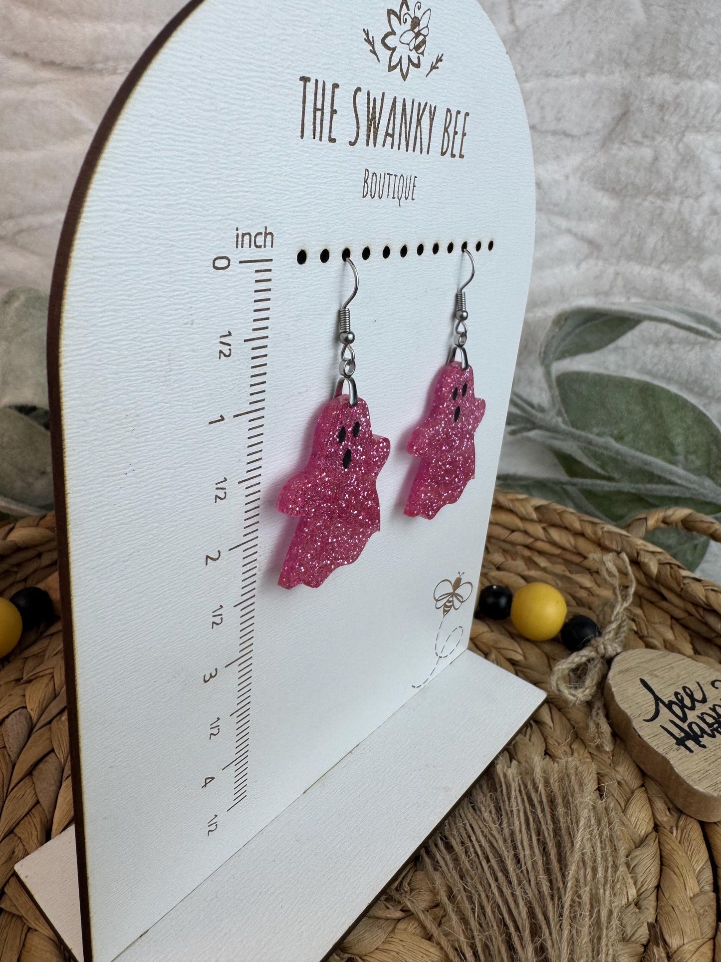 Pink Glitter Ghost Earrings – Studs or Dangles
