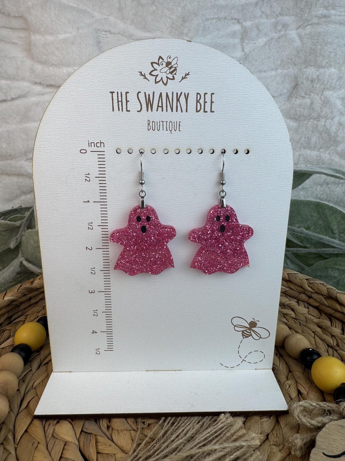 Pink Glitter Ghost Earrings – Studs or Dangles