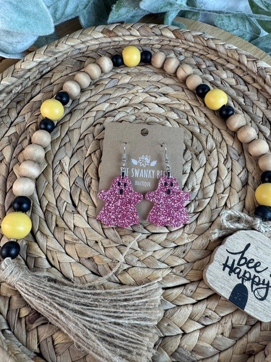 Pink Glitter Ghost Earrings – Studs or Dangles