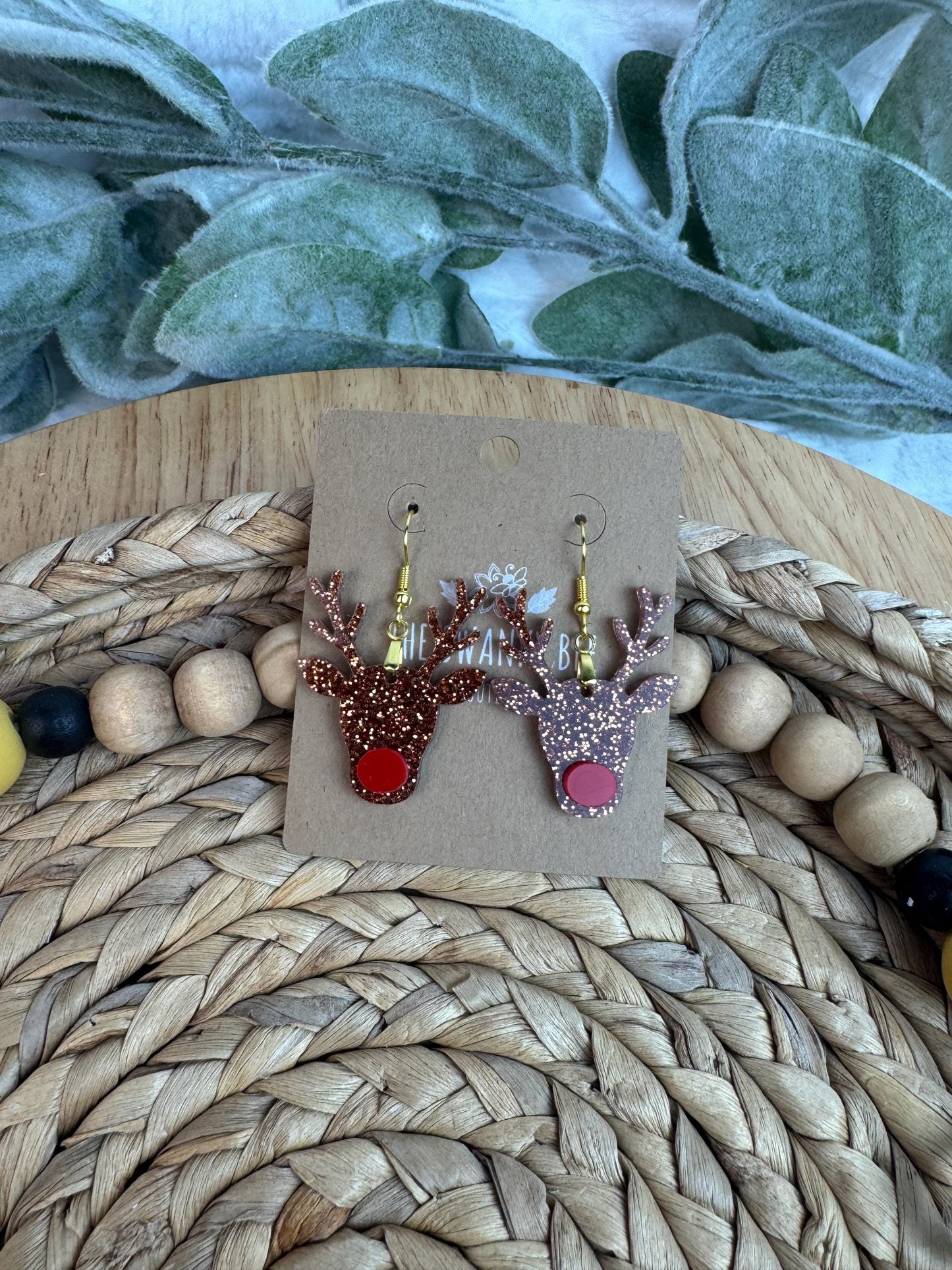 Red Nose Reindeer Earrings • Christmas Glitter Dangles