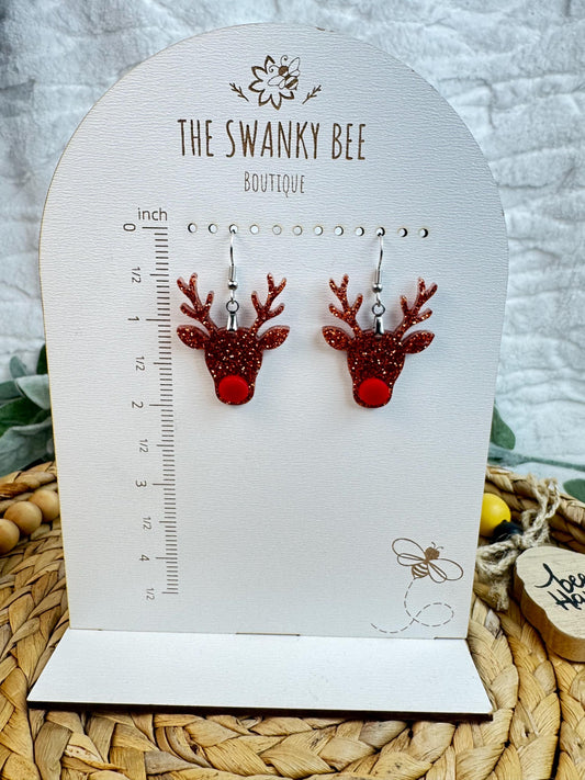 Red Nose Reindeer Earrings • Christmas Glitter Dangles