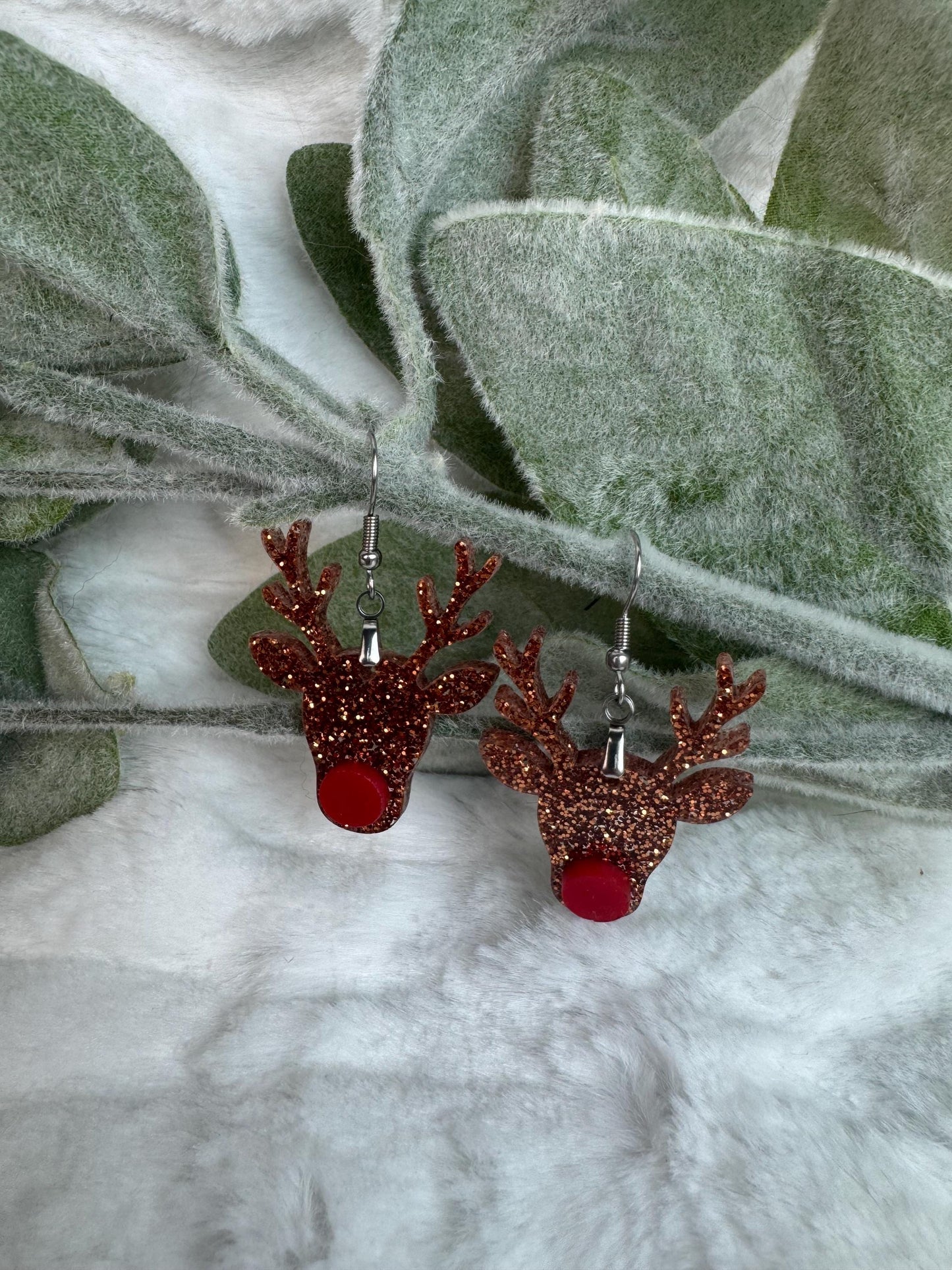 Red Nose Reindeer Earrings • Christmas Glitter Dangles