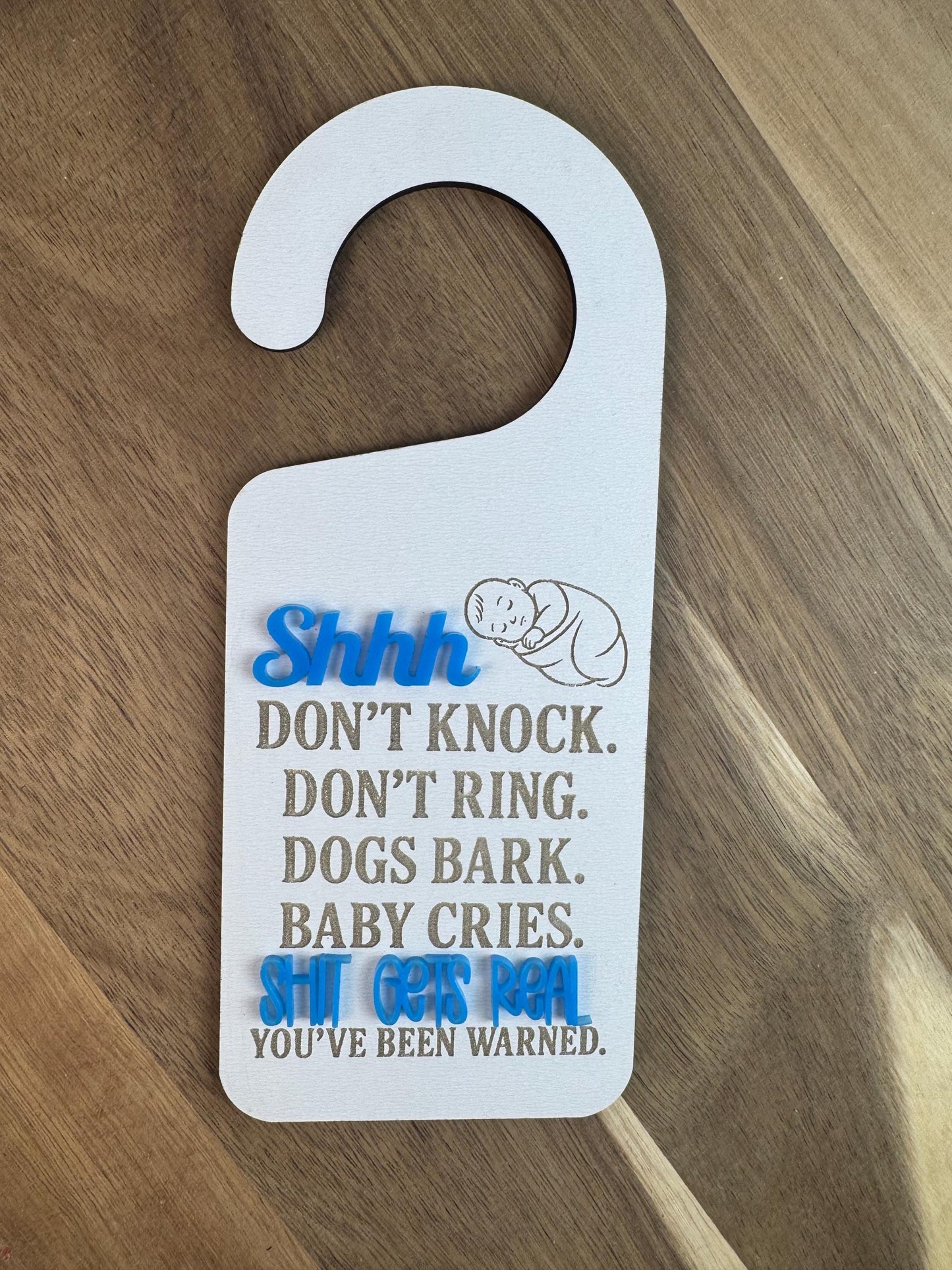 S Gets Real Engraved Wood Baby Sleeping Door Sign: Funny Nursery Decor