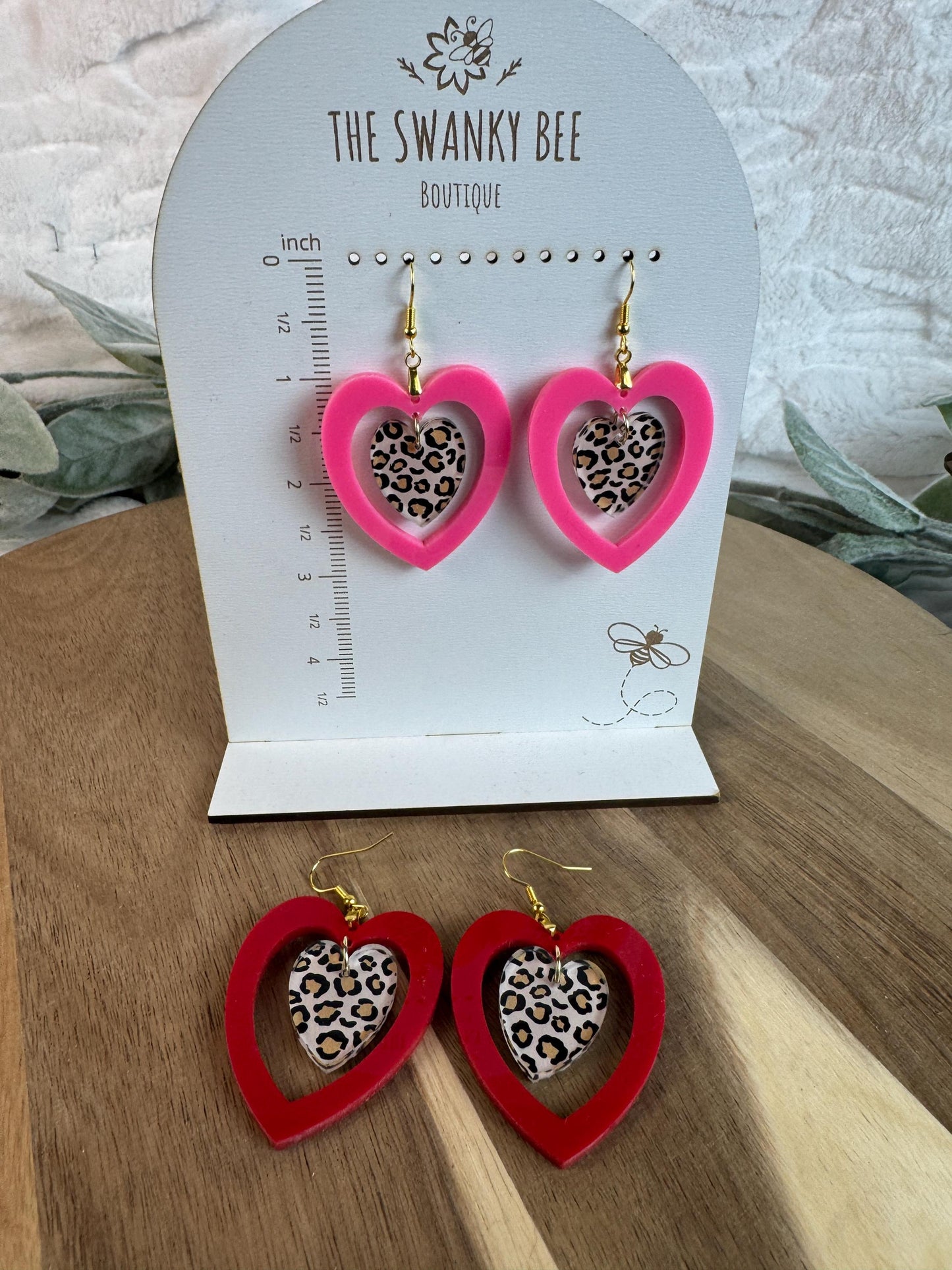 Leopard Heart Earrings | Pink or Red | Valentine Dangles