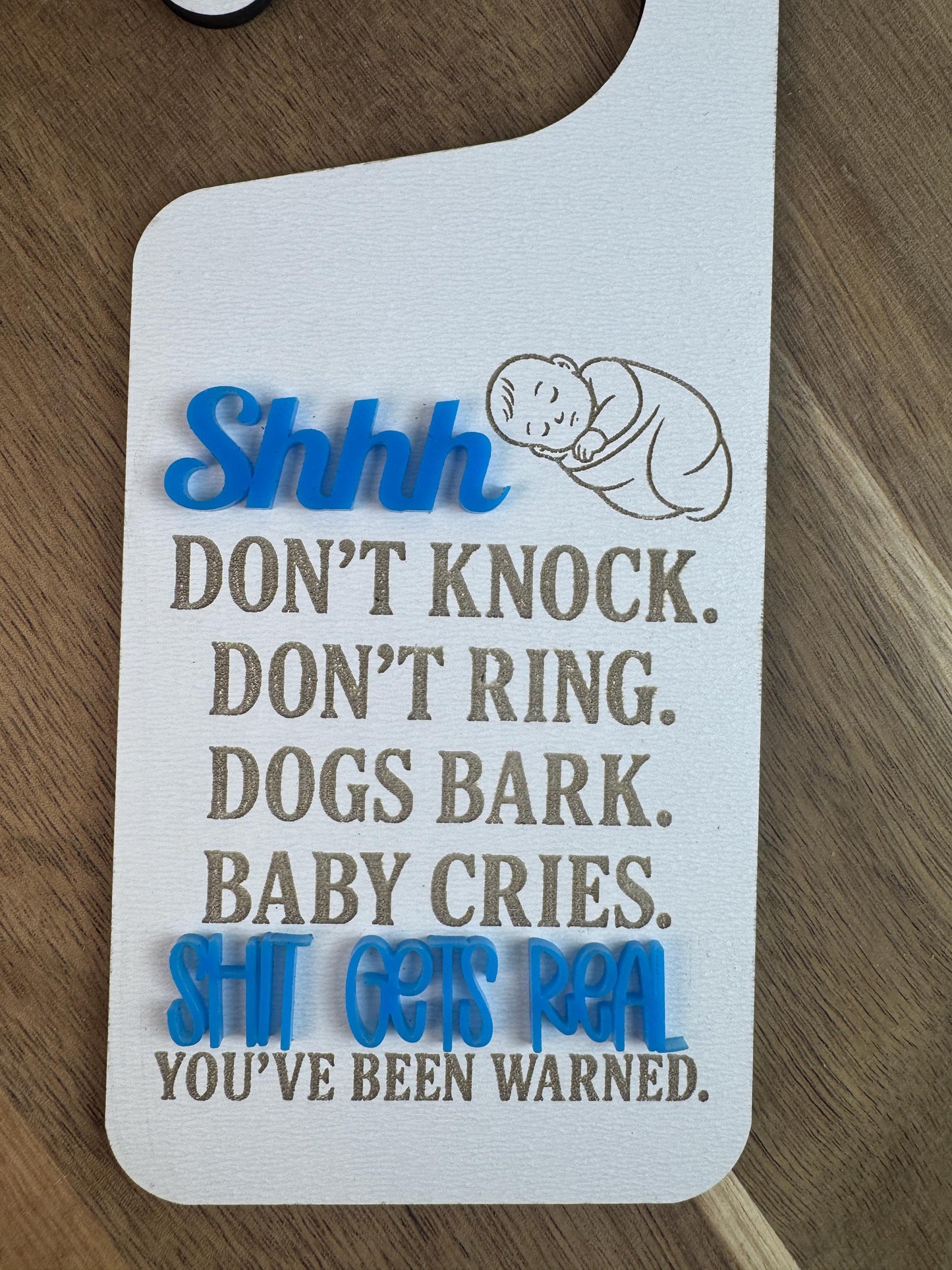 S Gets Real Engraved Wood Baby Sleeping Door Sign: Funny Nursery Decor