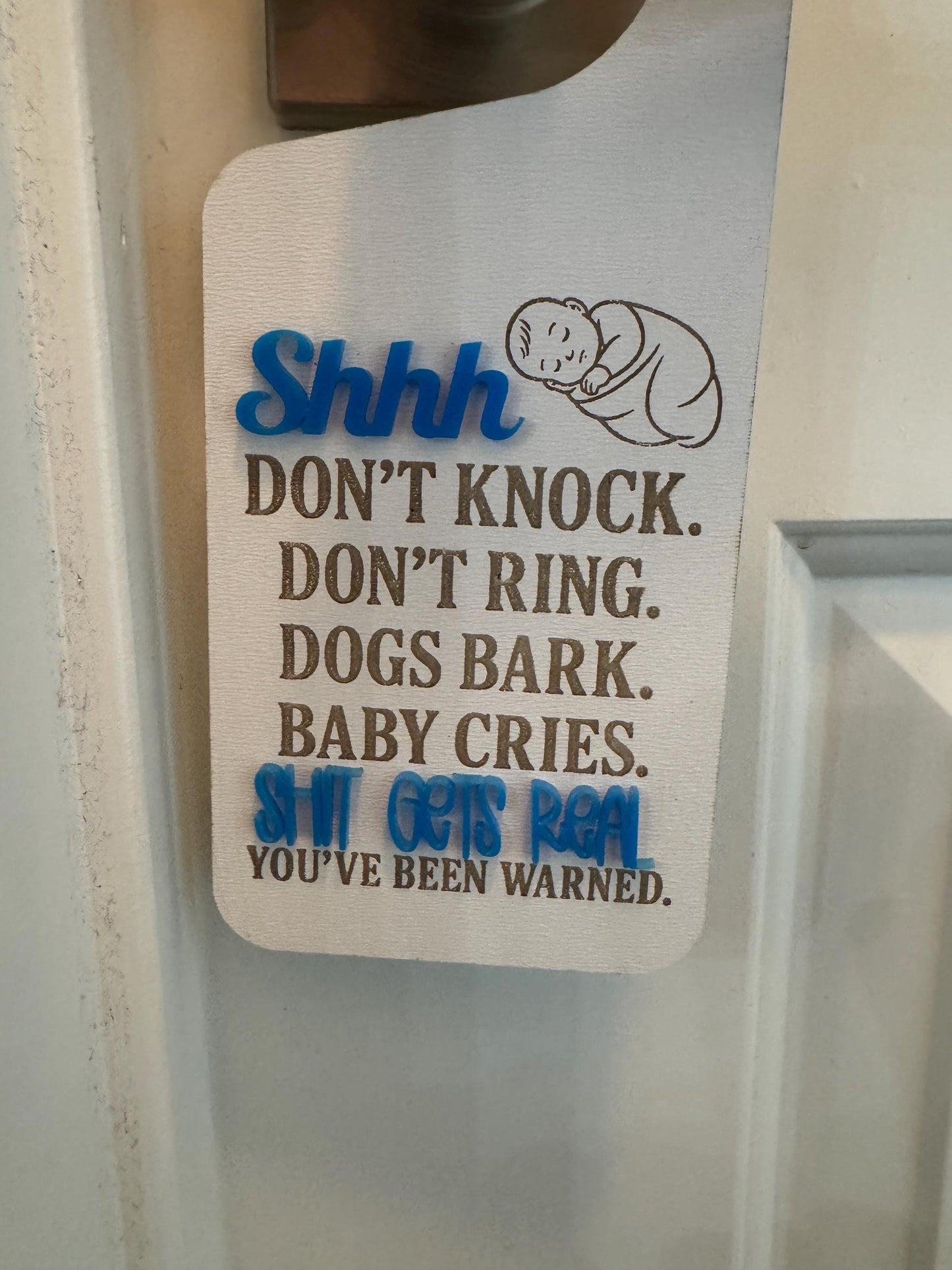 S Gets Real Engraved Wood Baby Sleeping Door Sign: Funny Nursery Decor