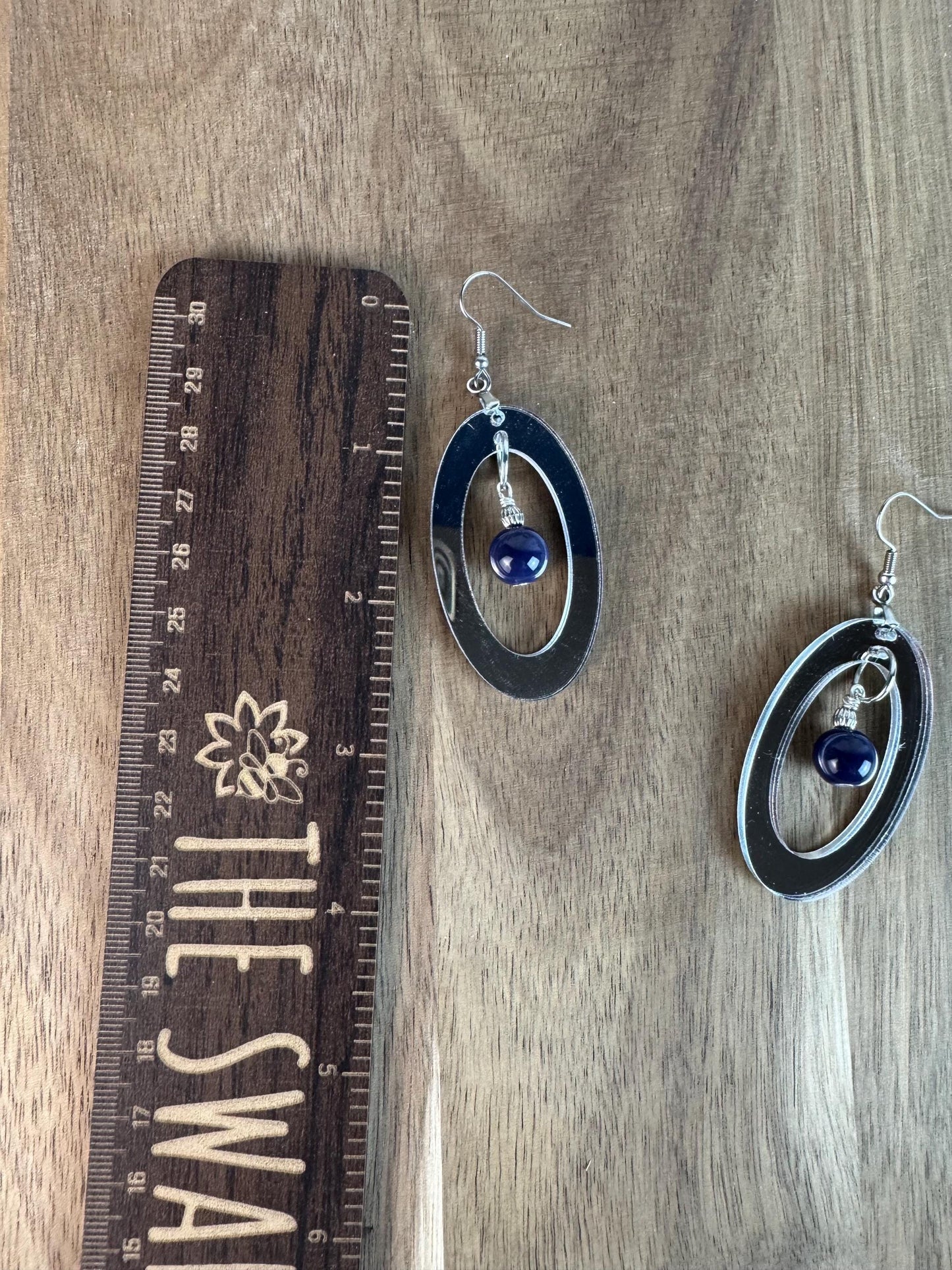 Silver Mirror Oval Earrings, Blue Dangle Bead, Lightweight Drop Jewelry