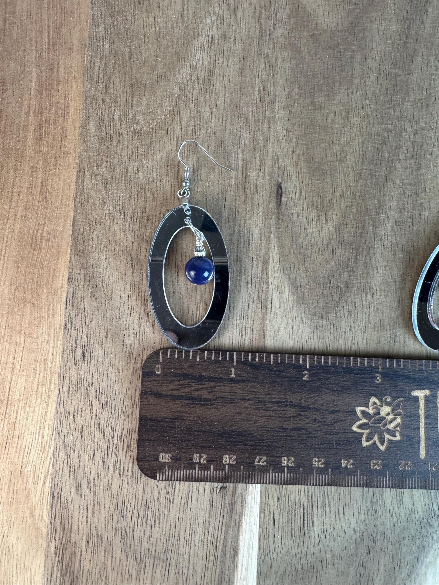 Silver Mirror Oval Earrings, Blue Dangle Bead, Lightweight Drop Jewelry