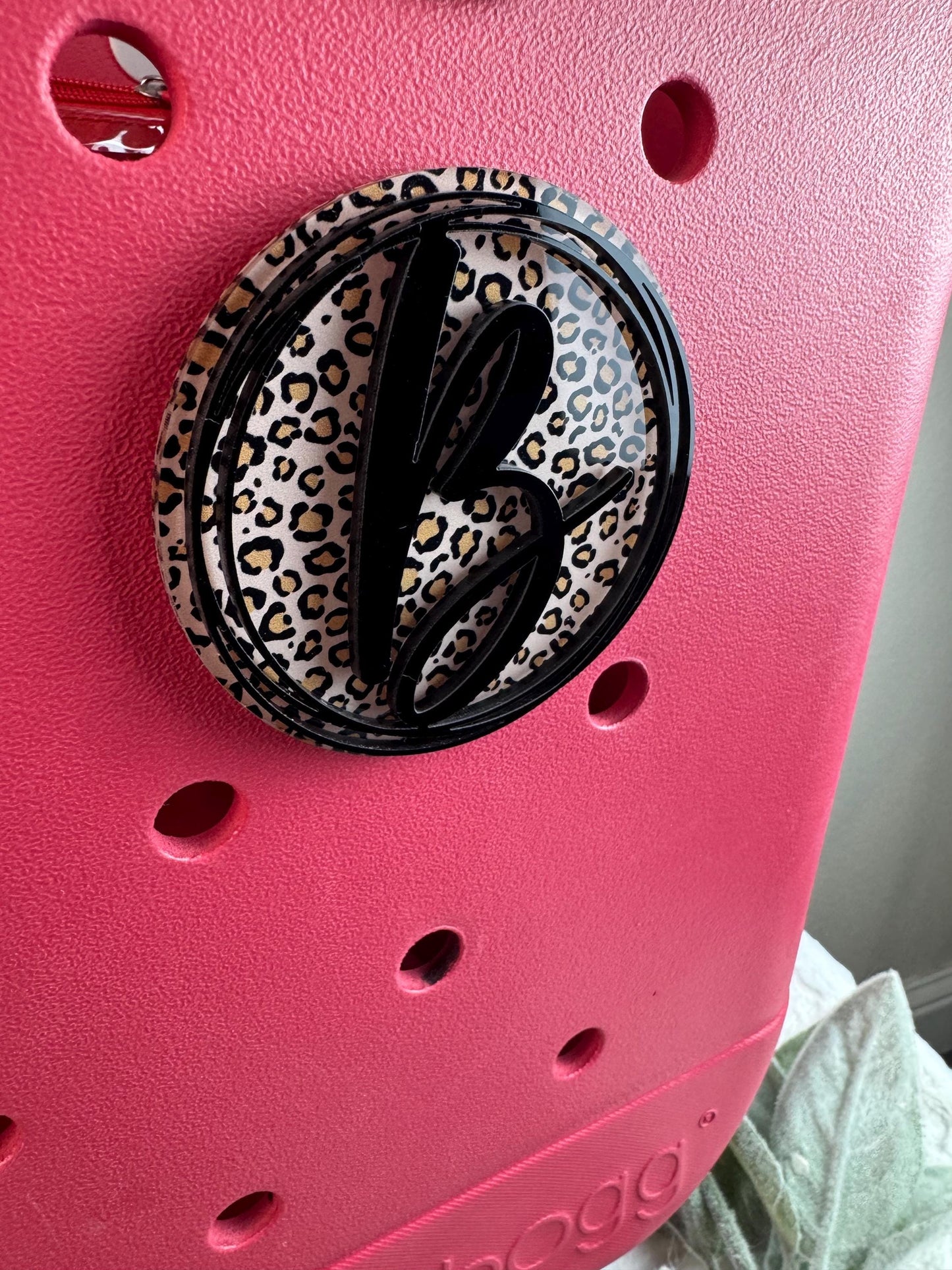 Custom Initial Bogg Bag Charm with a Leopard Background: Personalized Bag Accessory