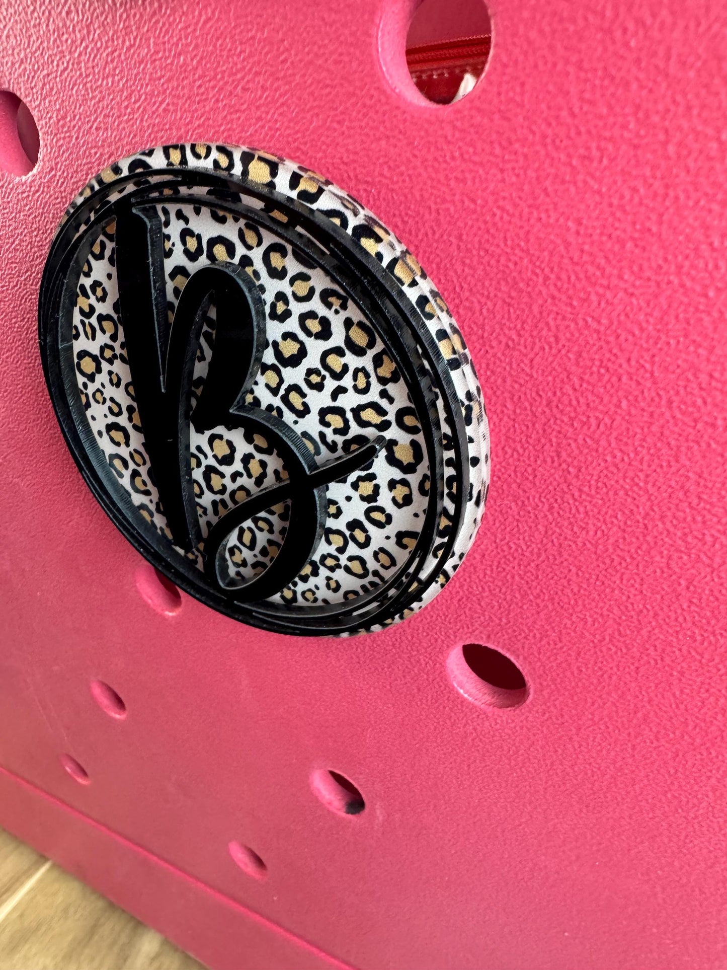 Custom Initial Bogg Bag Charm with a Leopard Background: Personalized Bag Accessory