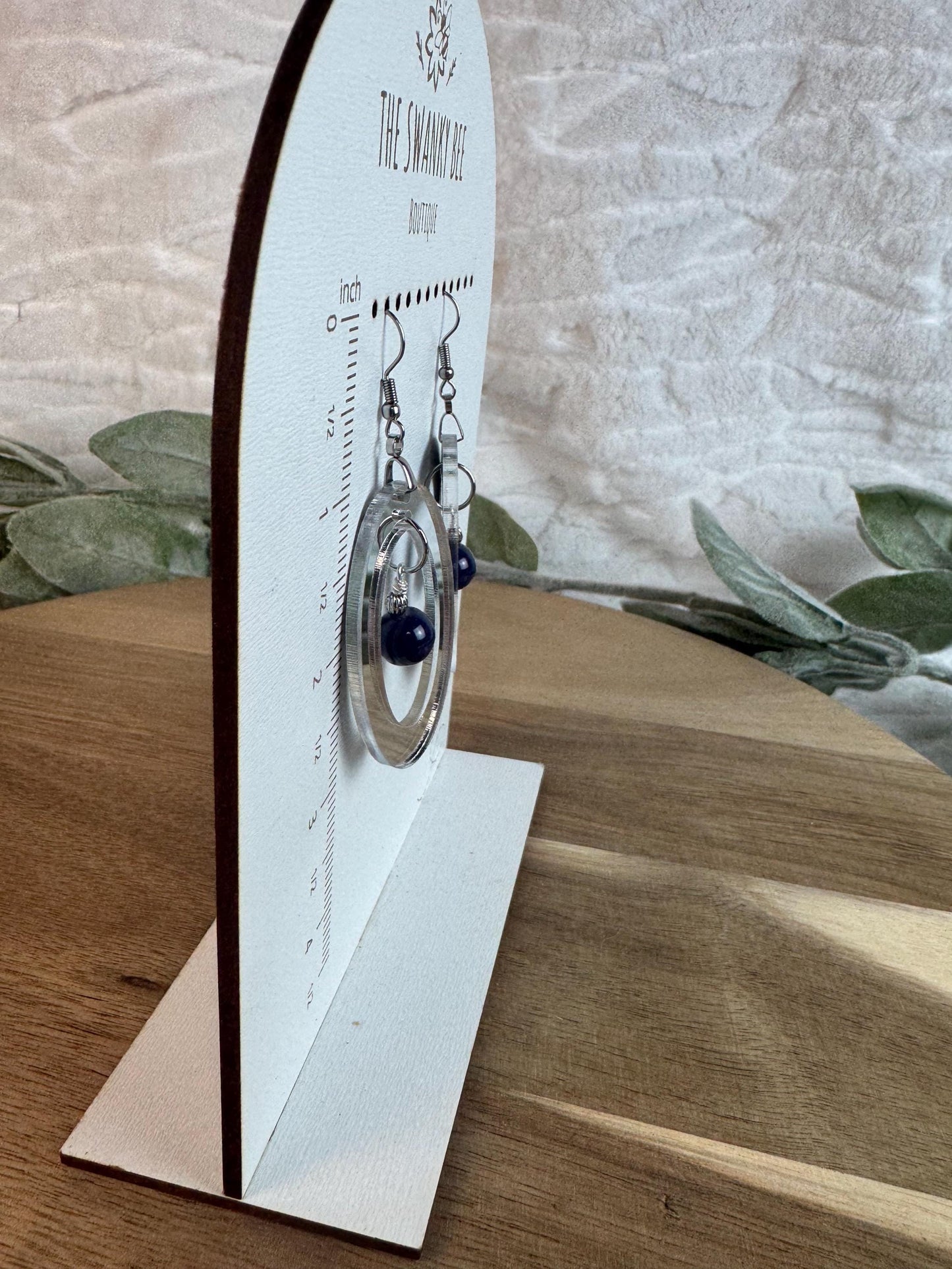 Silver Mirror Oval Earrings, Blue Dangle Bead, Lightweight Drop Jewelry