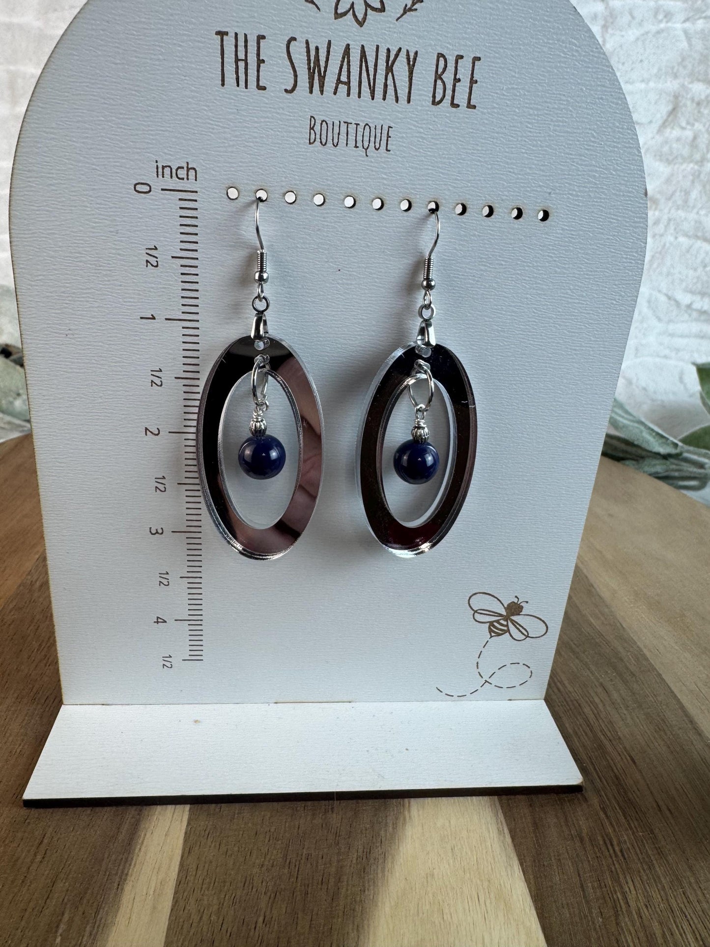 Silver Mirror Oval Earrings, Blue Dangle Bead, Lightweight Drop Jewelry