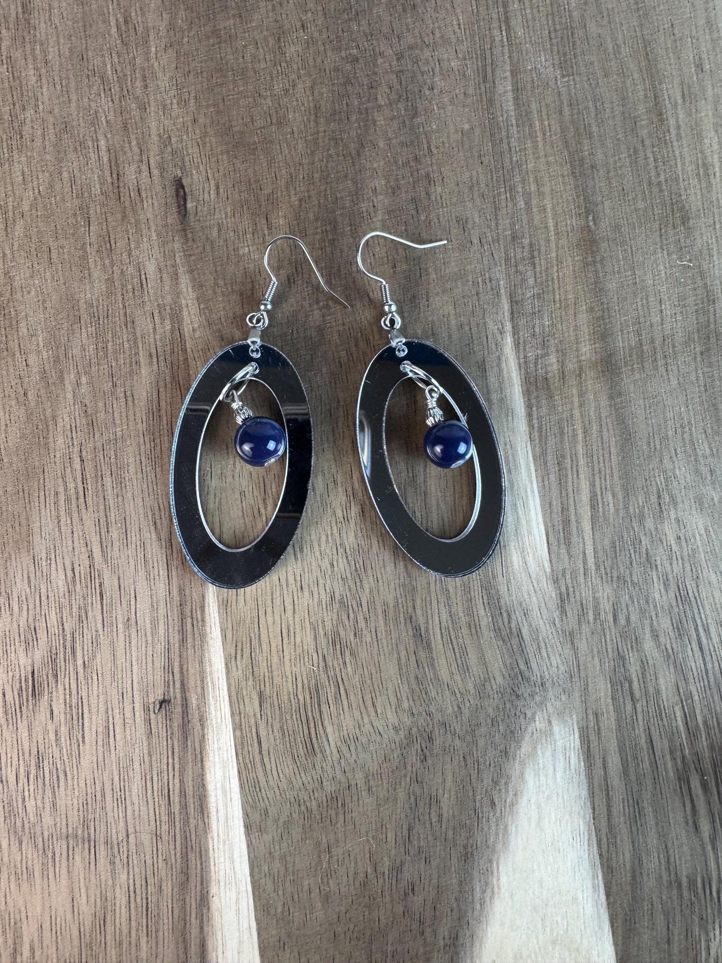 Silver Mirror Oval Earrings, Blue Dangle Bead, Lightweight Drop Jewelry