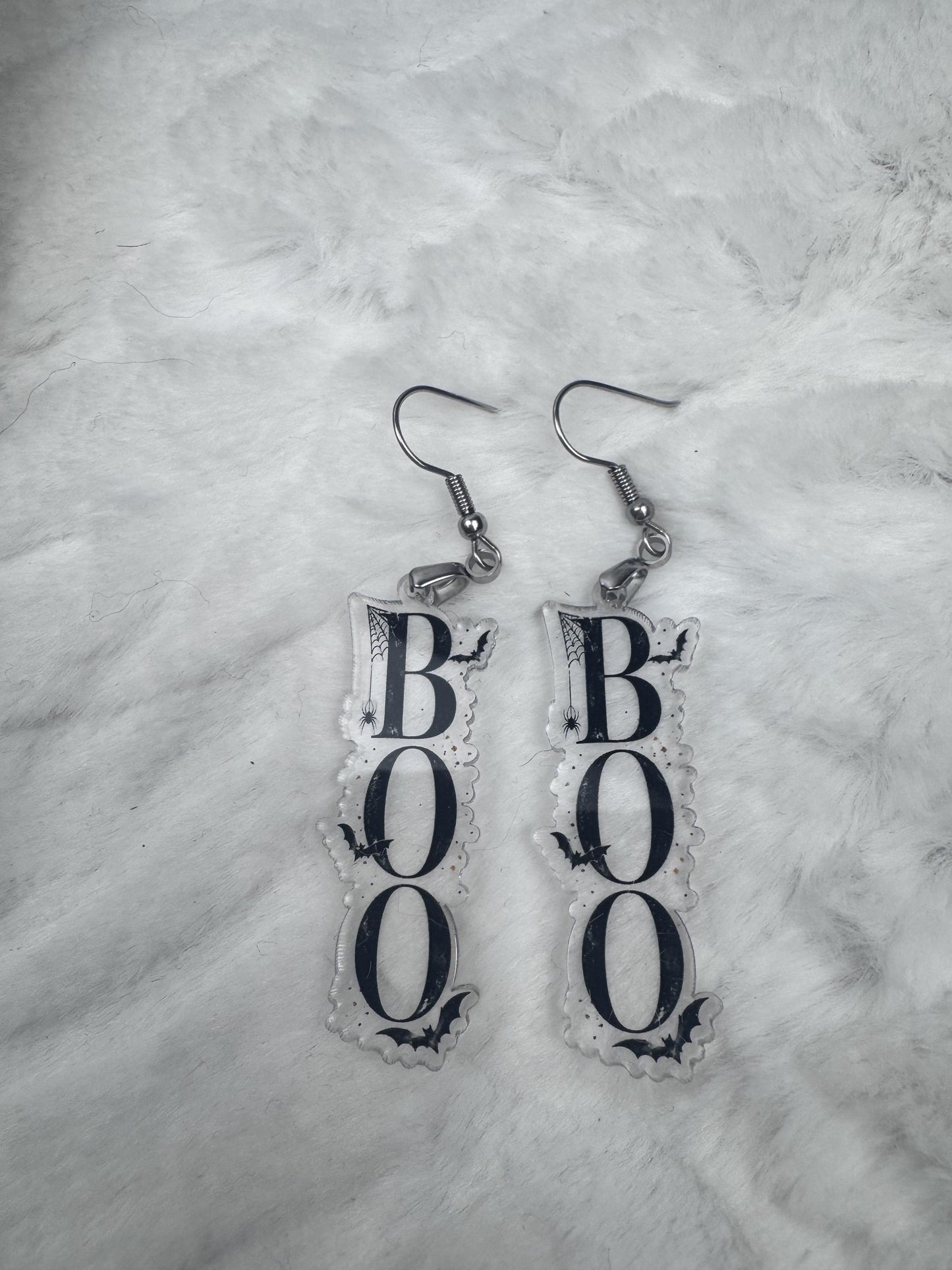 BOO Halloween Earrings, Clear Acrylic Spooky Dangles, Bat Spider Jewelry