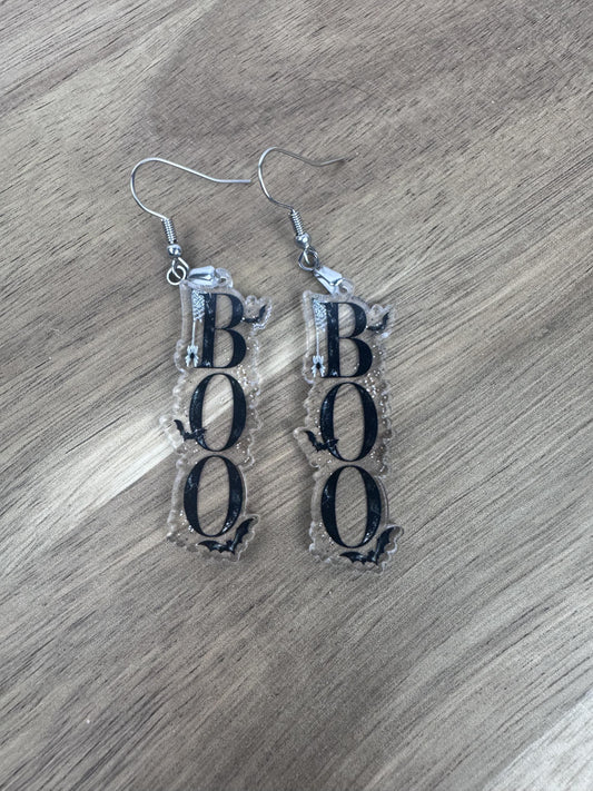 BOO Halloween Earrings, Clear Acrylic Spooky Dangles, Bat Spider Jewelry